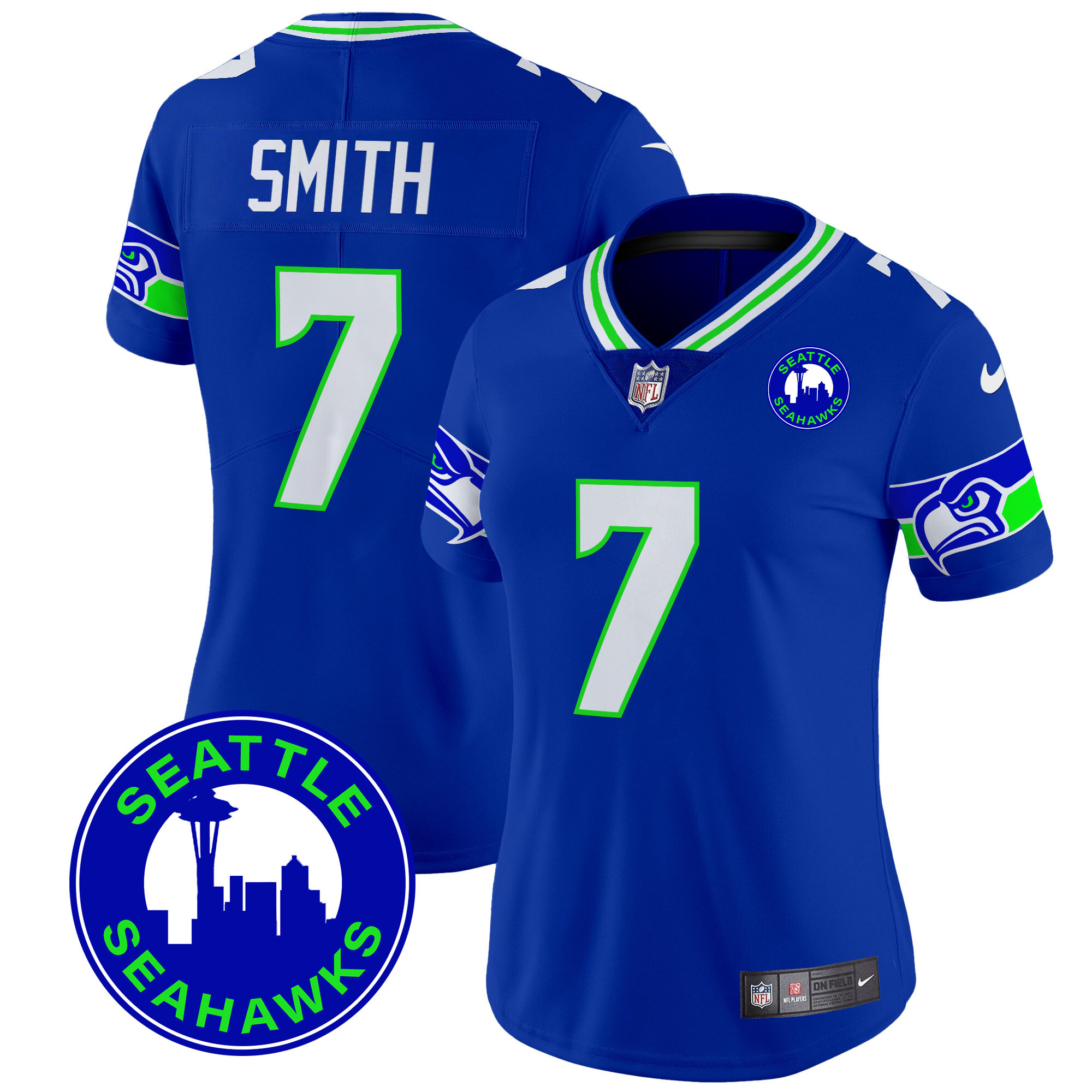 Women's Geno Smith Seattle Seahawks 2024 Seattle City Patch Vapor Limited Royal Jersey - All Stitched