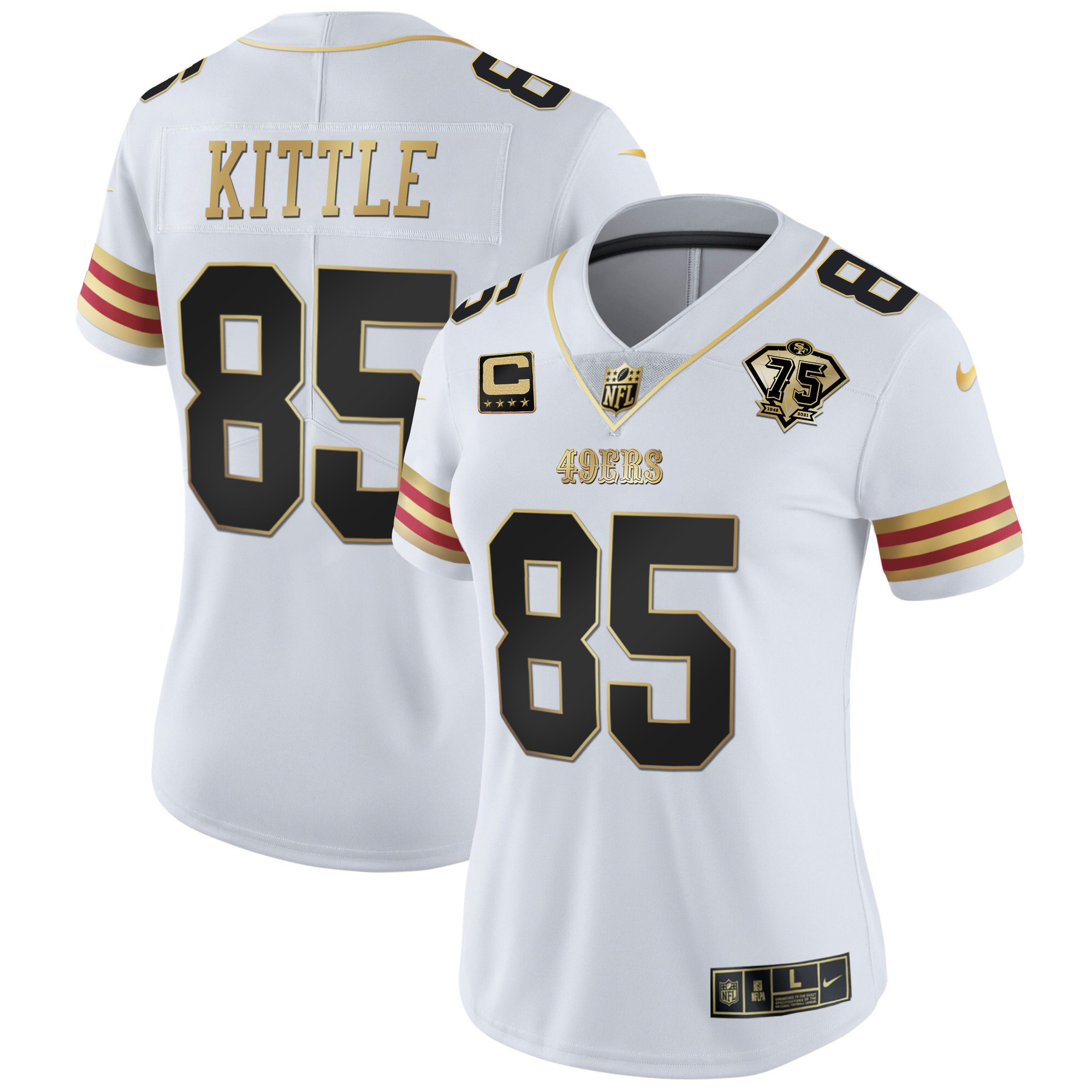 Women's George Kittle San Francisco 49ers 75th Anniversary Patch Vapor Gold White Gold Jersey V2 - All Stitched