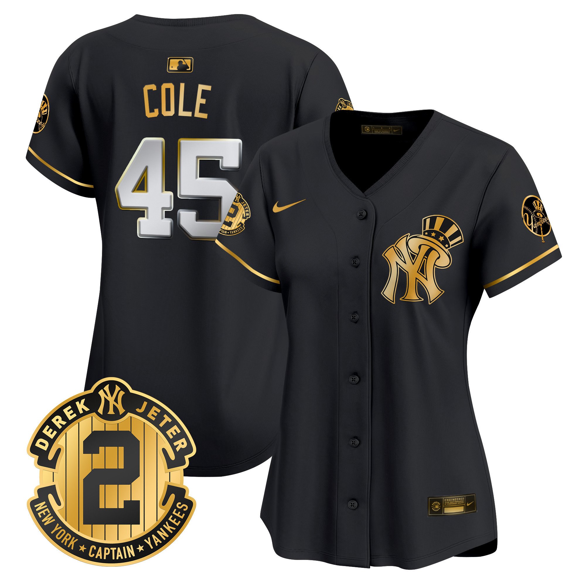 Women's Gerrit Cole New York Yankees Derek Jeter Patch Vapor Premier Limited Black Gold Jersey V2 - All Stitched