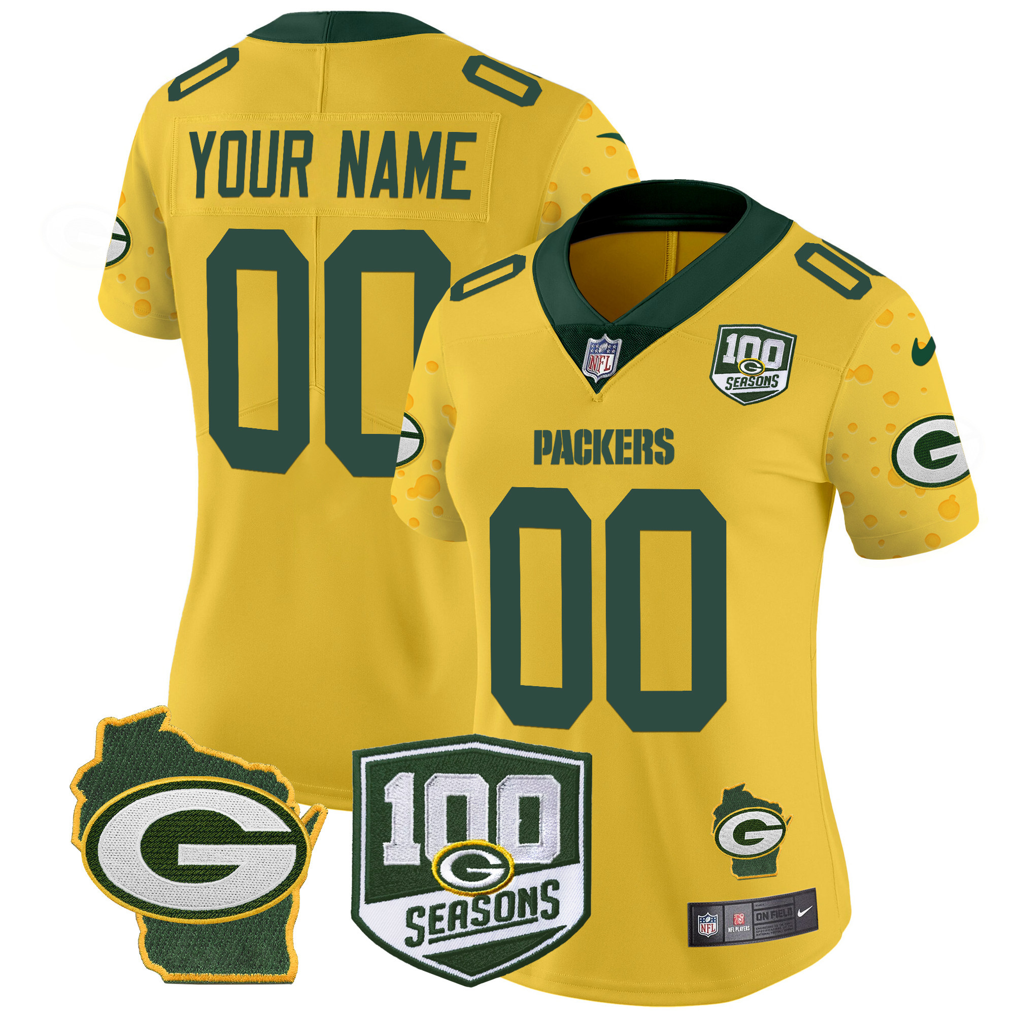 Women's Green Bay Packers 100th Season & Home Patch Cheese Vapor Limited Custom Gold Jersey â€“ All Stitched