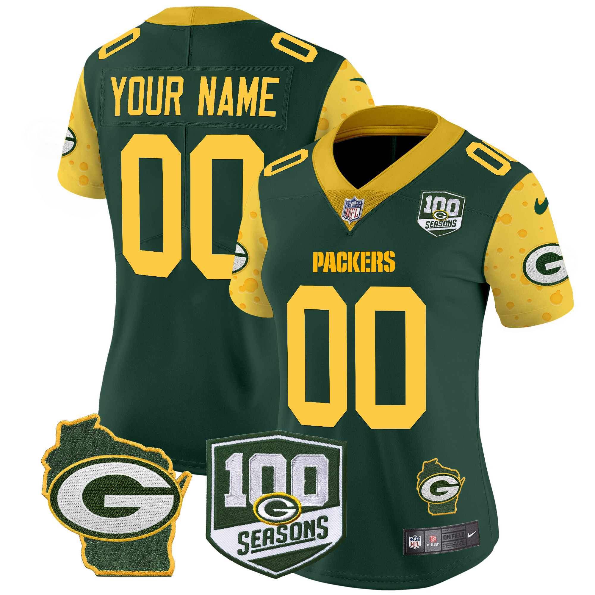 Women's Green Bay Packers 100th Season & Home Patch Cheese Vapor Limited Custom Green Jersey â€“ All Stitched