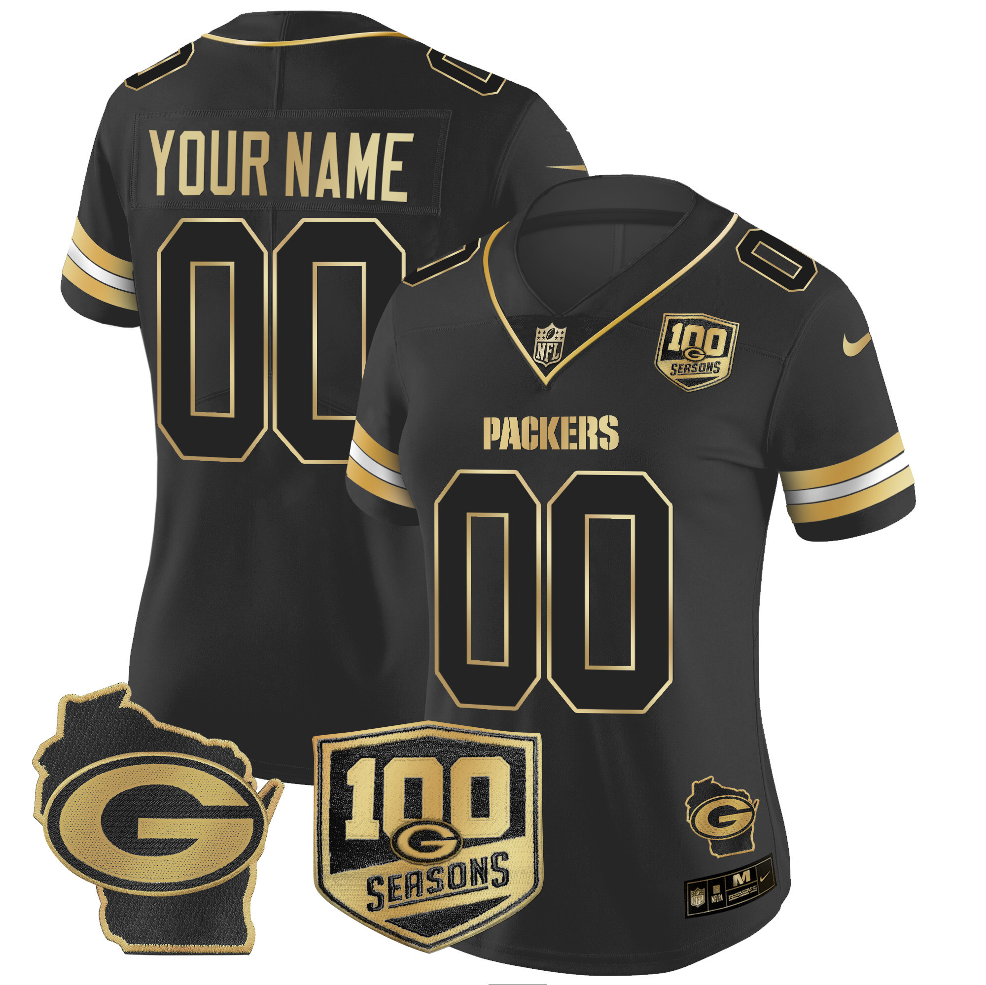 Women's Green Bay Packers 100th Season & Home Patch Gold Vapor Limited Custom Black Gold Jersey â€“ All Stitched