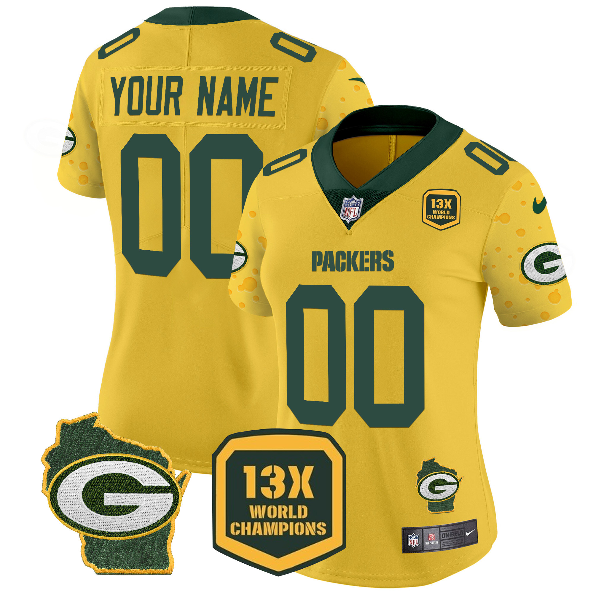 Women's Green Bay Packers Cheese Vapor Limited Custom Gold Jersey â€“ All Stitched