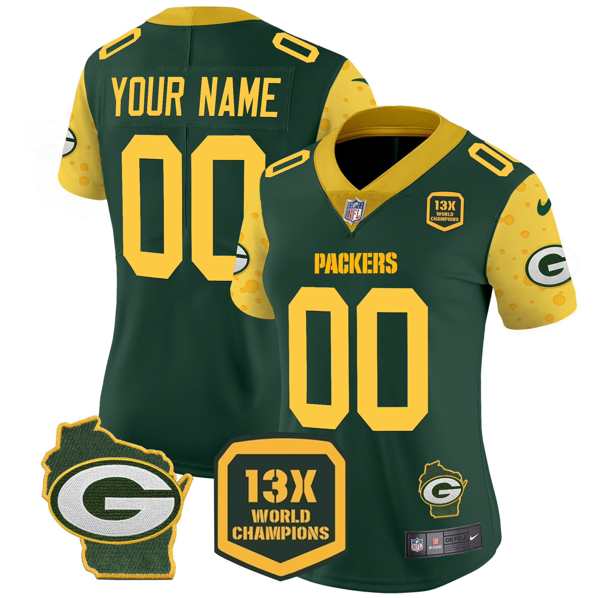 Women's Green Bay Packers Cheese Vapor Limited Custom Green Jersey â€“ All Stitched