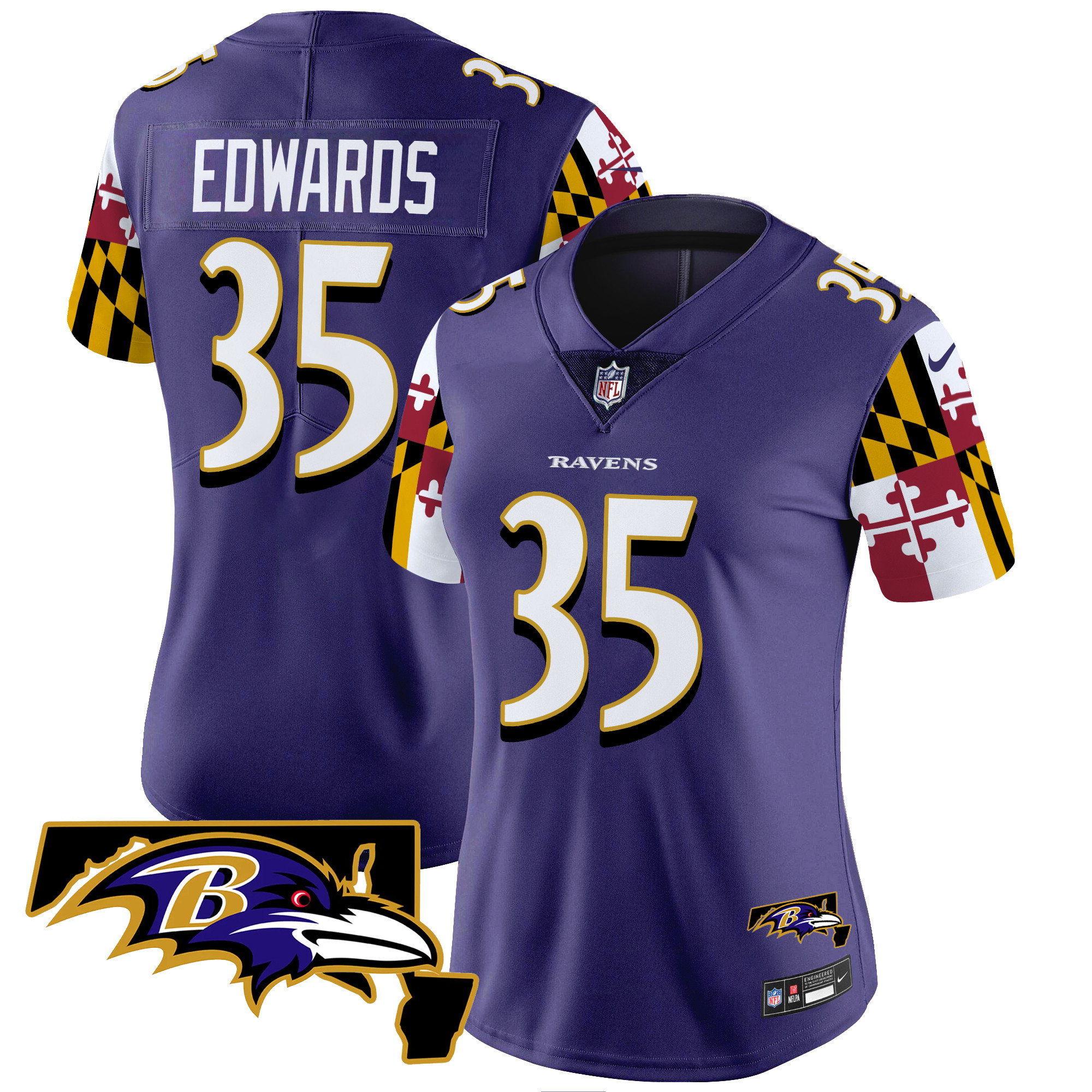 Women's Gus Edwards Baltimore Ravens Maryland Flag Vapor Limited Purple Jersey V2 - All Stitched