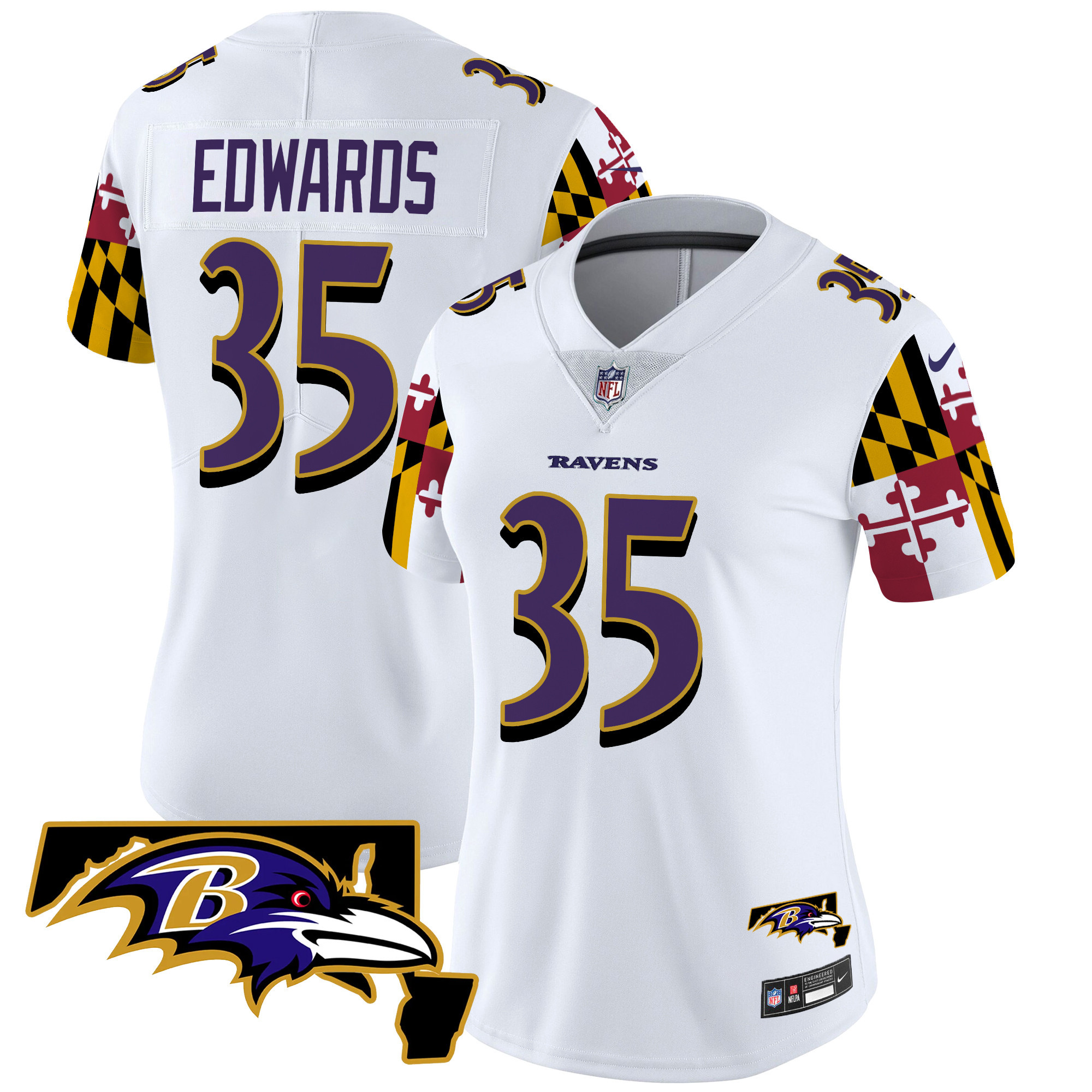 Women's Gus Edwards Baltimore Ravens Maryland Flag Vapor Limited White Jersey V2 - All Stitched