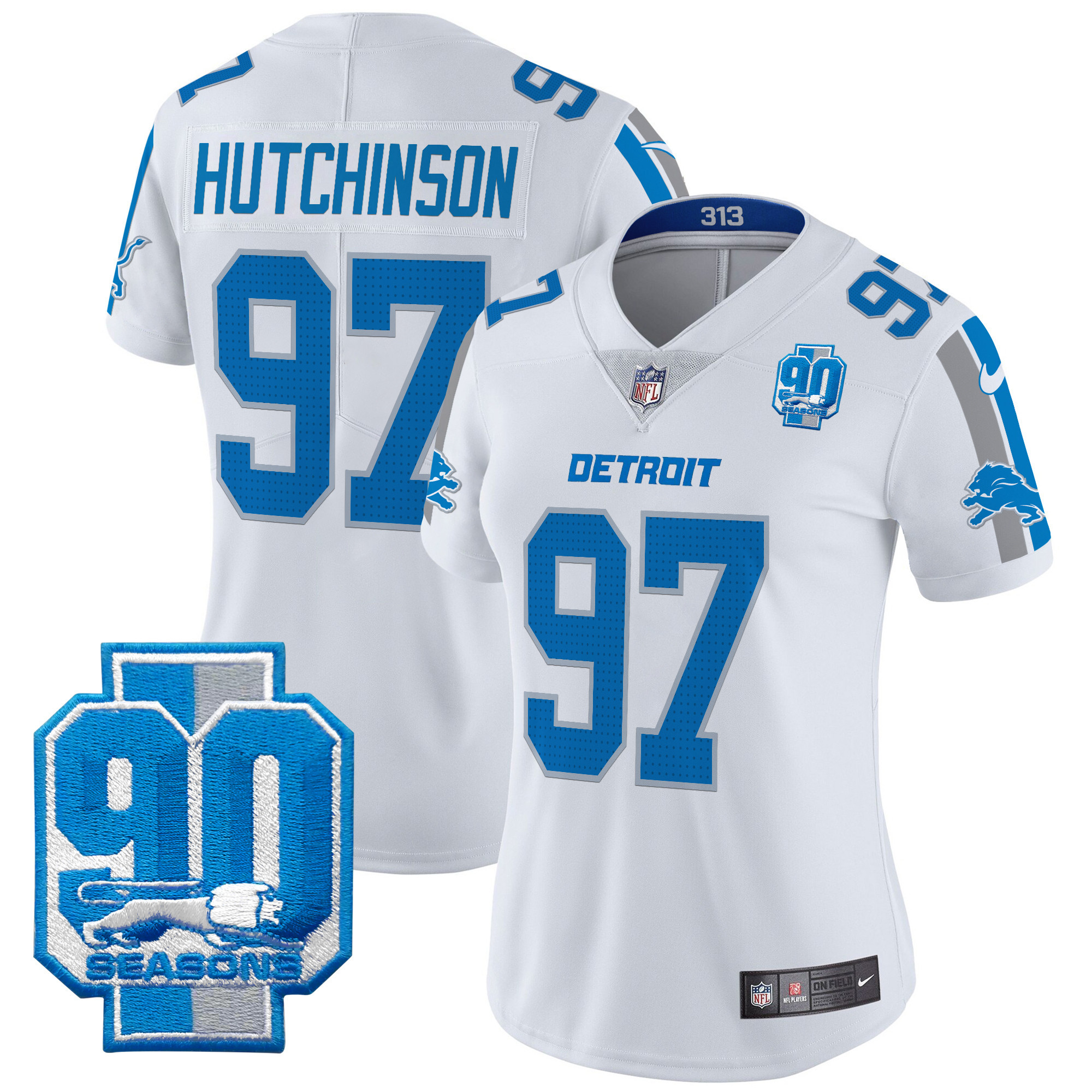Women's Hutchinson Detroit Lions 90th Year Patch Vapor Limited White Jersey - All Stitched