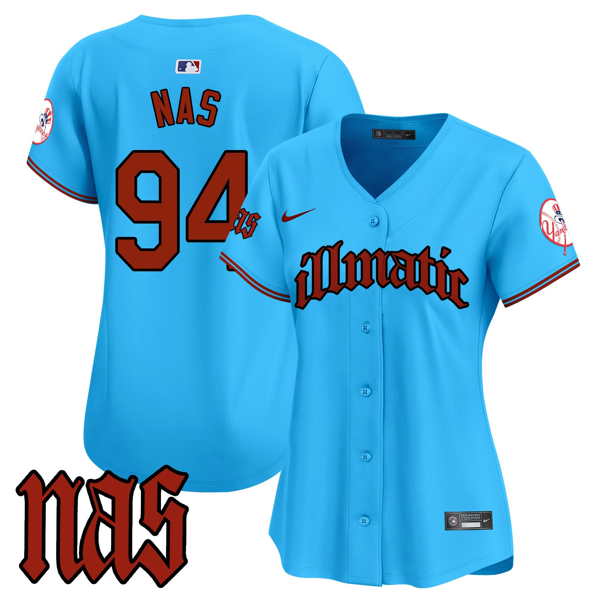 Women's Illmatic 1994 New York Yankees Nas Illmatic Vapor Premier Limited Light Blue Jersey - All Stitched