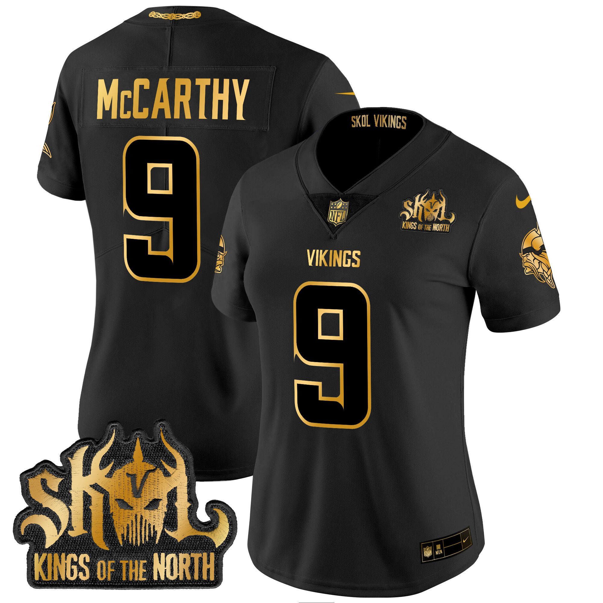 Women's J.J. McCarthy Minnesota Vikings 2024 Winter Warrior Skol Patch Gold Vapor Limited Black Gold Jersey - All Stitched