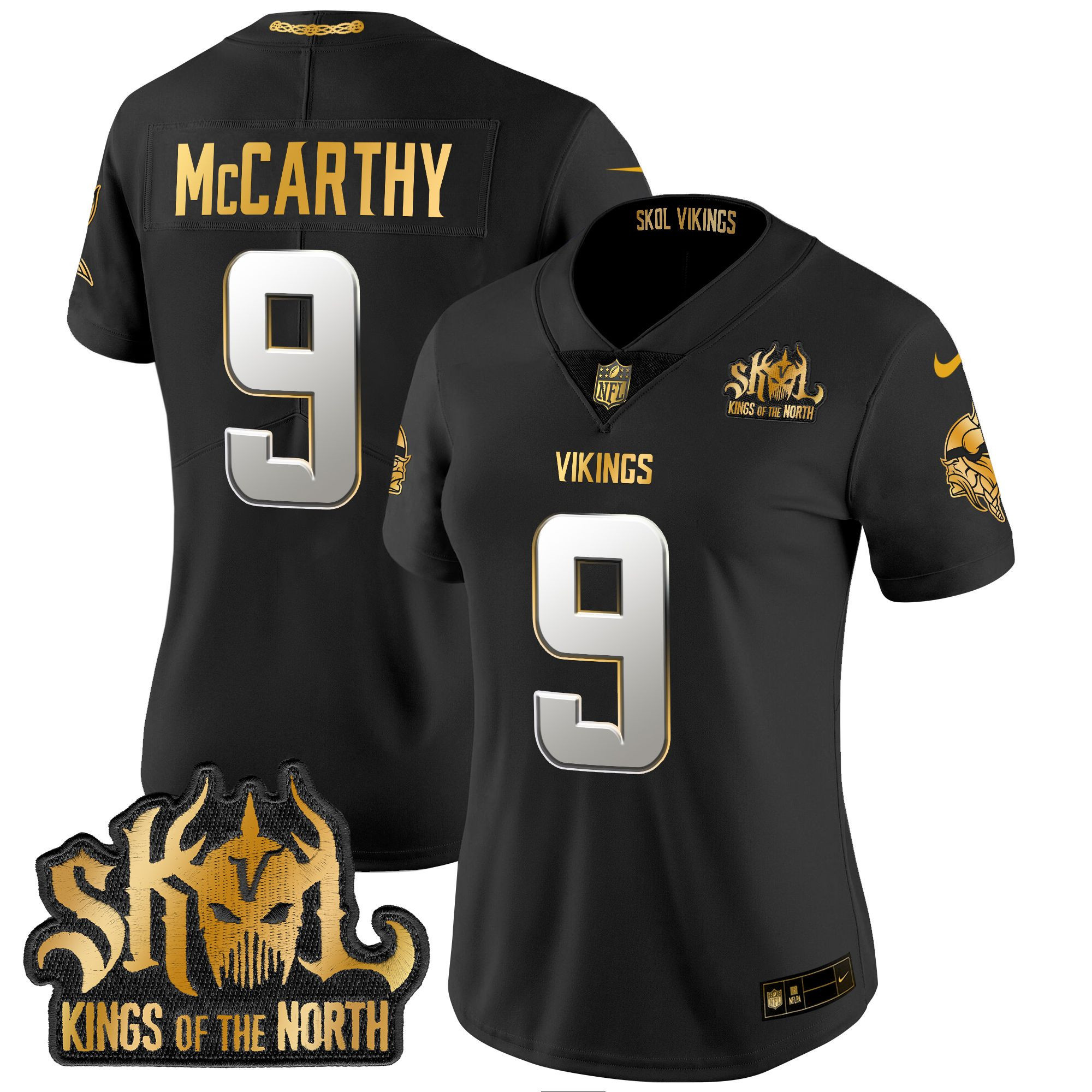 Women's J.J. McCarthy Minnesota Vikings 2024 Winter Warrior Skol Patch Gold Vapor Limited Black Limited Jersey - All Stitched