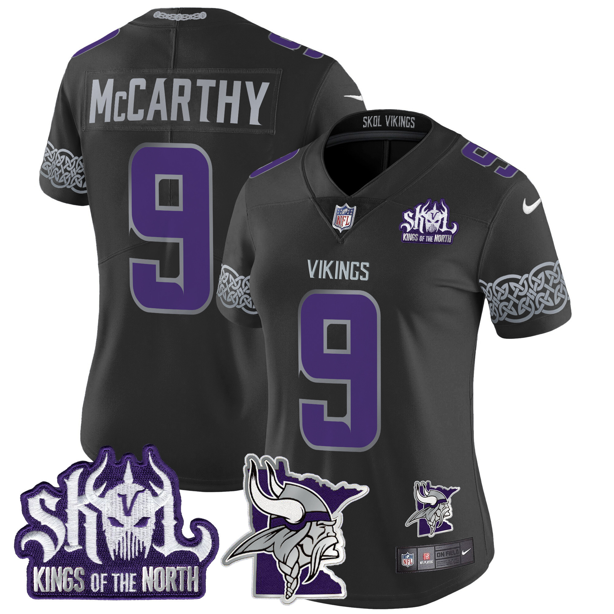 Women's J.J. McCarthy Minnesota Vikings 2024 Winter Warrior Skol Patch Vapor Limited Black Jersey V2 - All Stitched