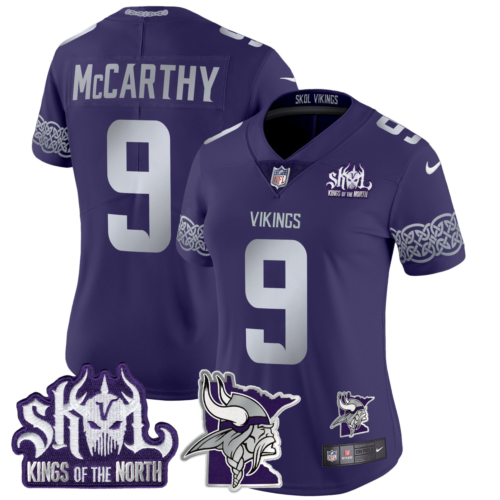 Women's J.J. McCarthy Minnesota Vikings 2024 Winter Warrior Skol Patch Vapor Limited Purple Jersey V2 - All Stitched