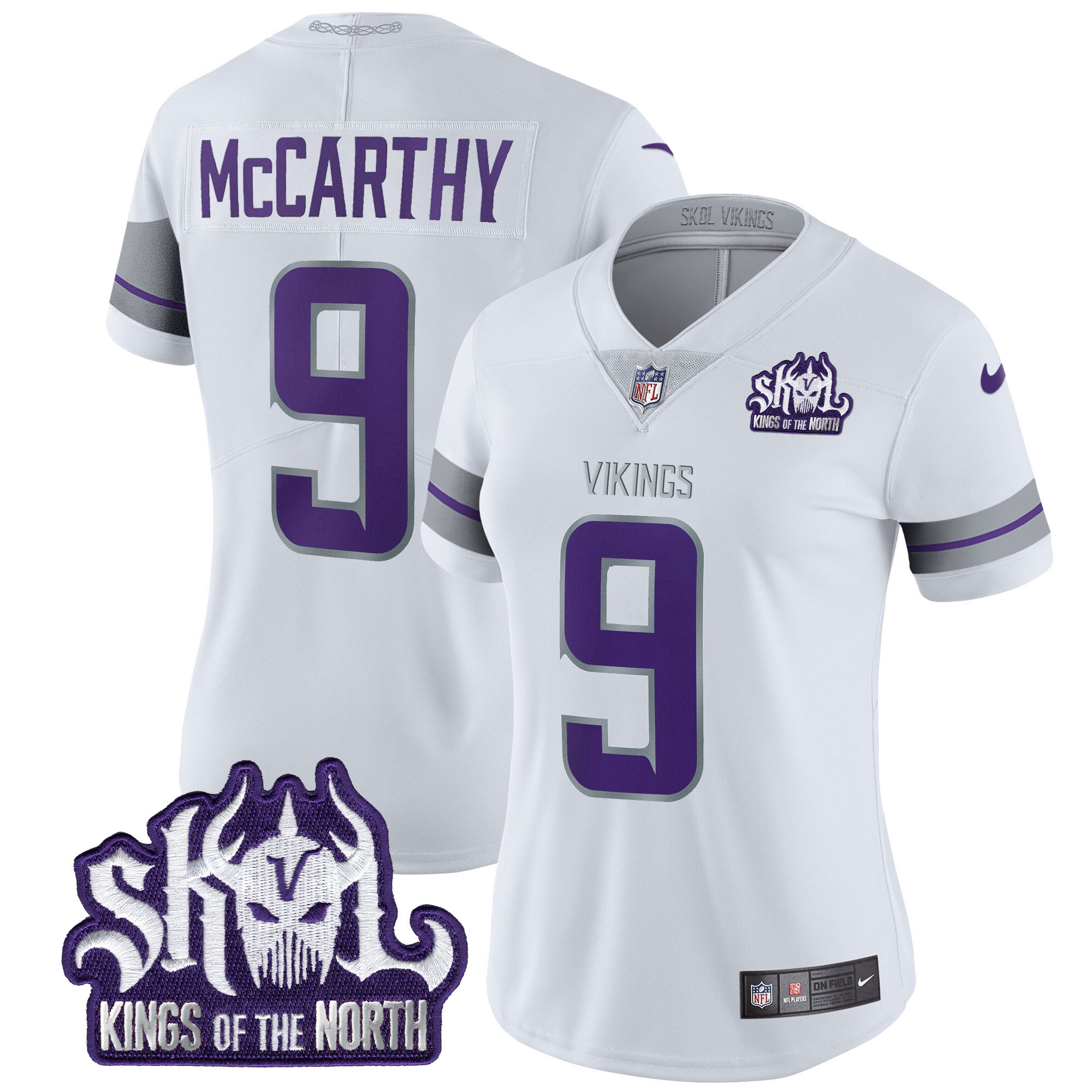Women's J.J. McCarthy Minnesota Vikings 2024 Winter Warrior Skol Patch Vapor Limited White Jersey - All Stitched