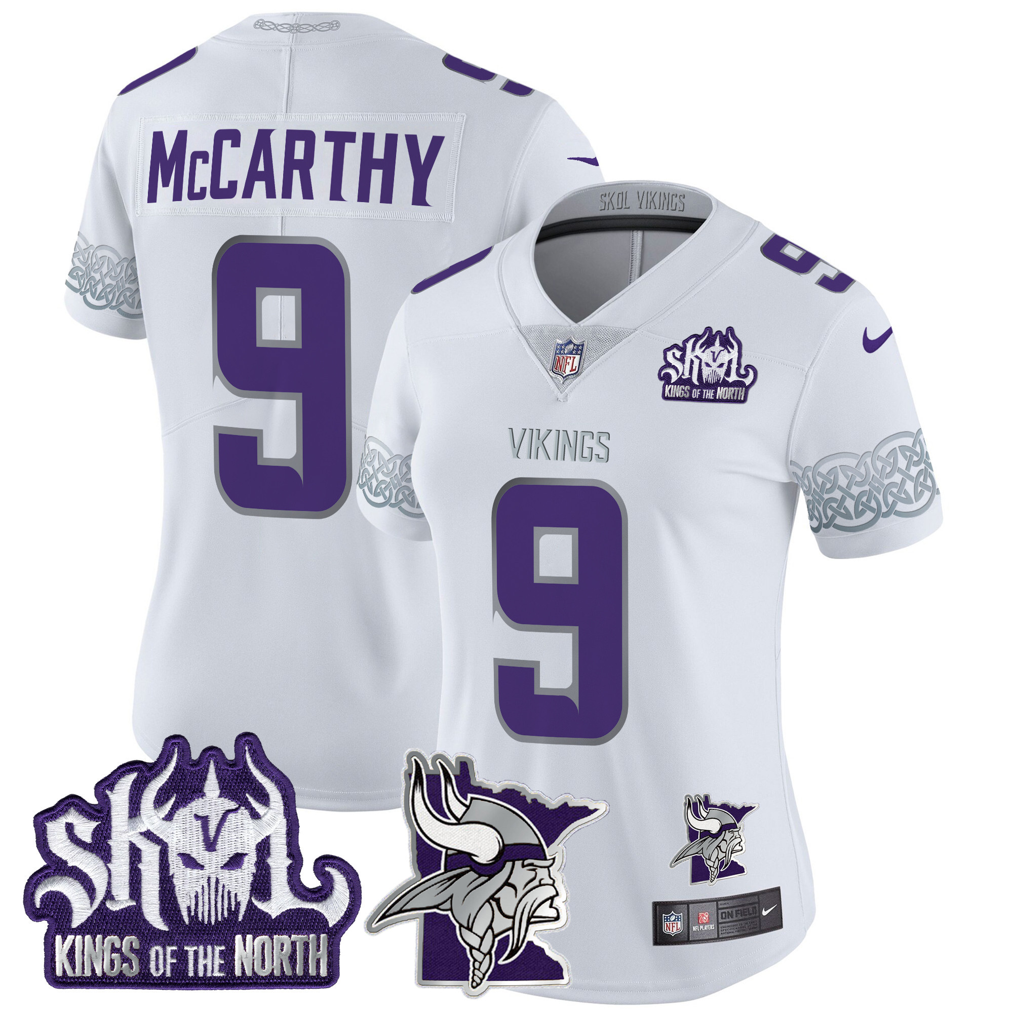 Women's J.J. McCarthy Minnesota Vikings 2024 Winter Warrior Skol Patch Vapor Limited White Jersey V2 - All Stitched
