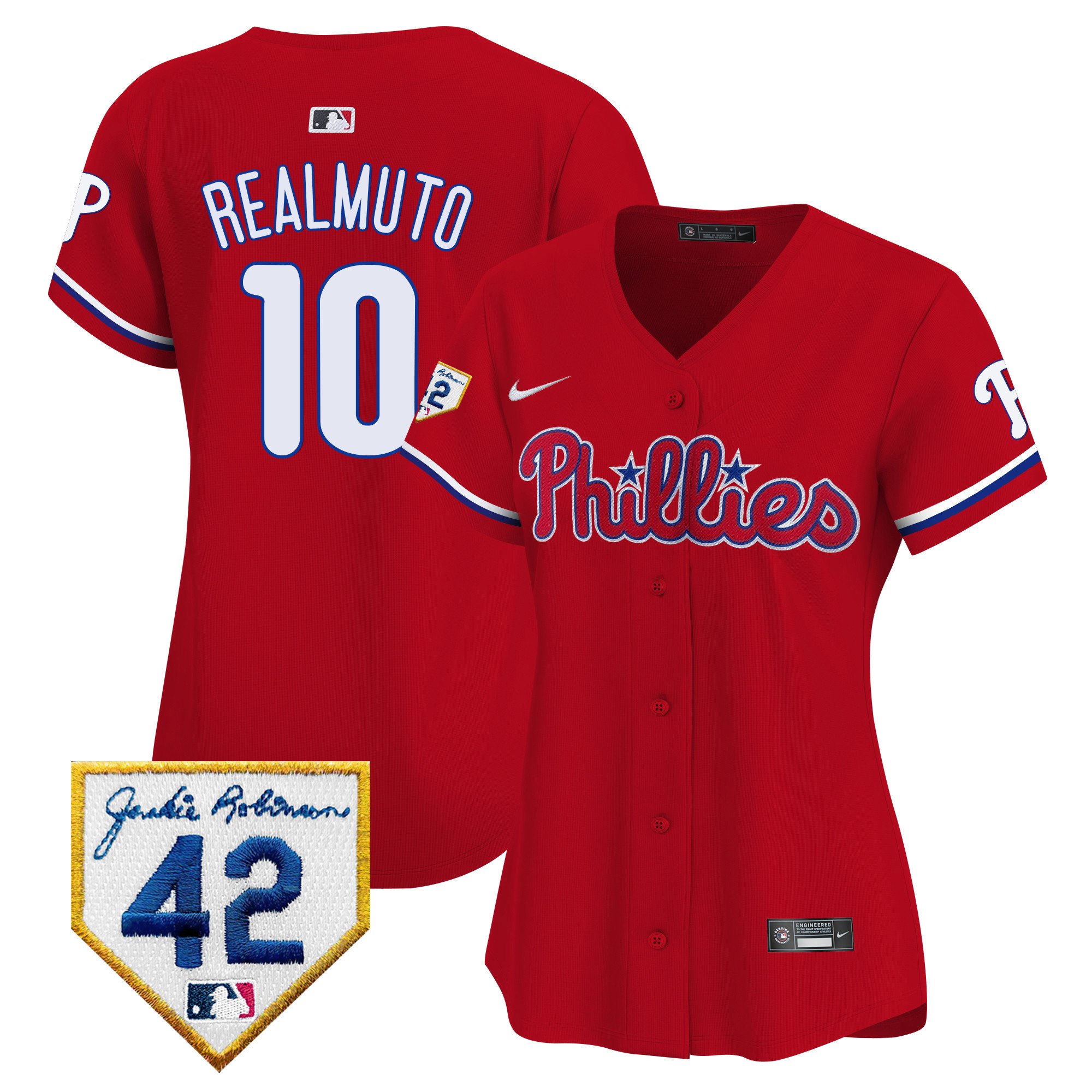 Women's J.T. Realmuto Philadelphia Phillies 2024 Jackie Robinson Patch Vapor Premier Limited Red Jersey - All Stitched