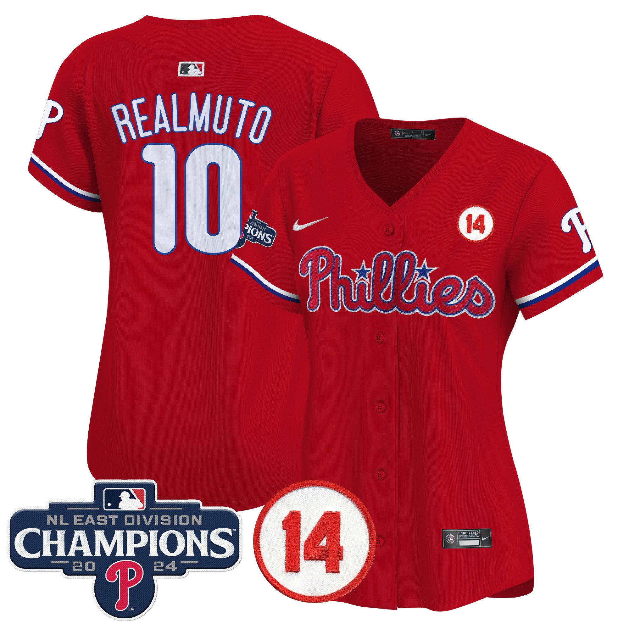 Women's J.T. Realmuto Philadelphia Phillies 2024 NL East Division Champions & Pete Rose Patch Gold Vapor Premier Limited Red Jersey - All Stitched