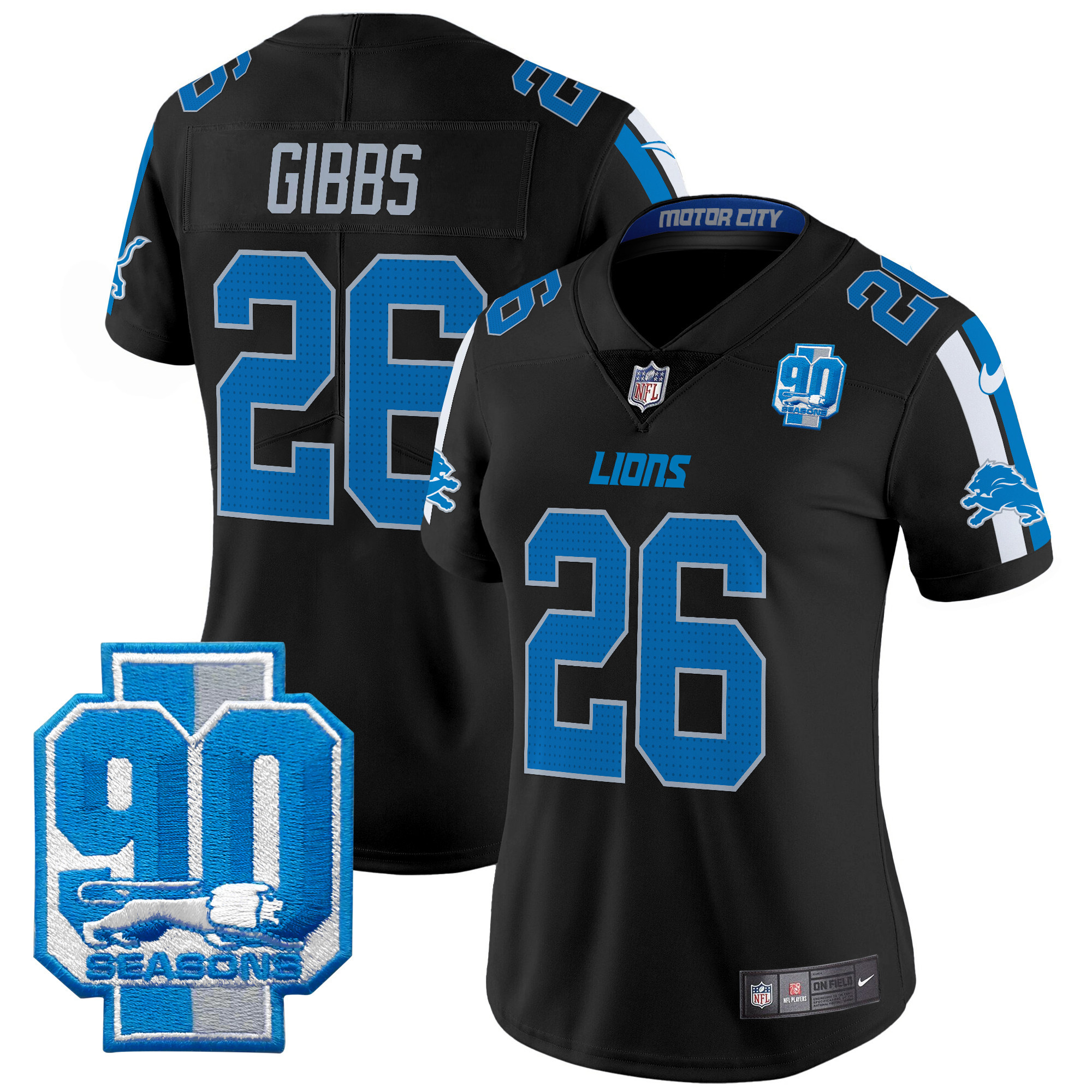 Women's Jahmyr Gibbs Detroit Lions 90th Year Patch Vapor Limited Black Jersey - All Stitched