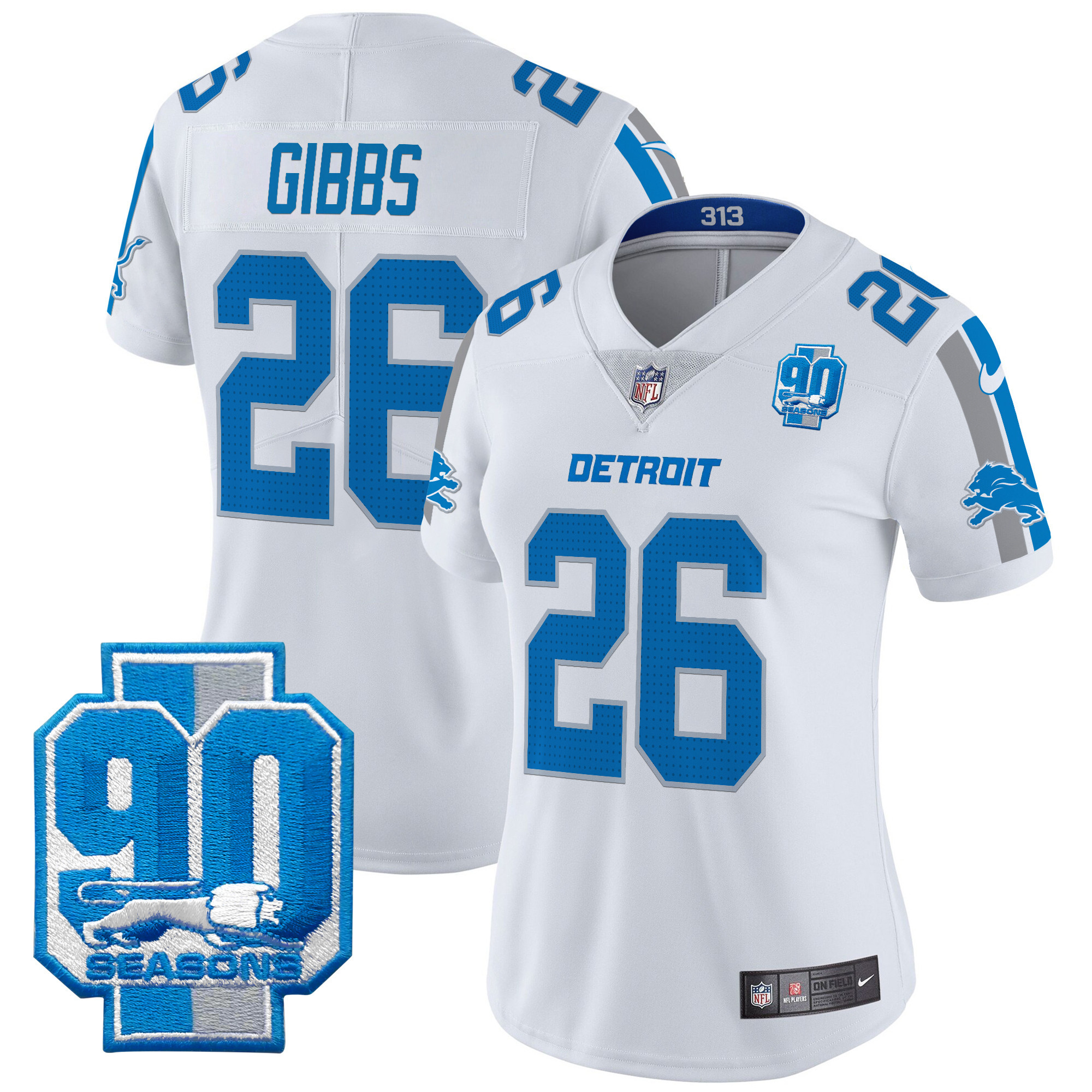 Women's Jahmyr Gibbs Detroit Lions 90th Year Patch Vapor Limited White Jersey - All Stitched