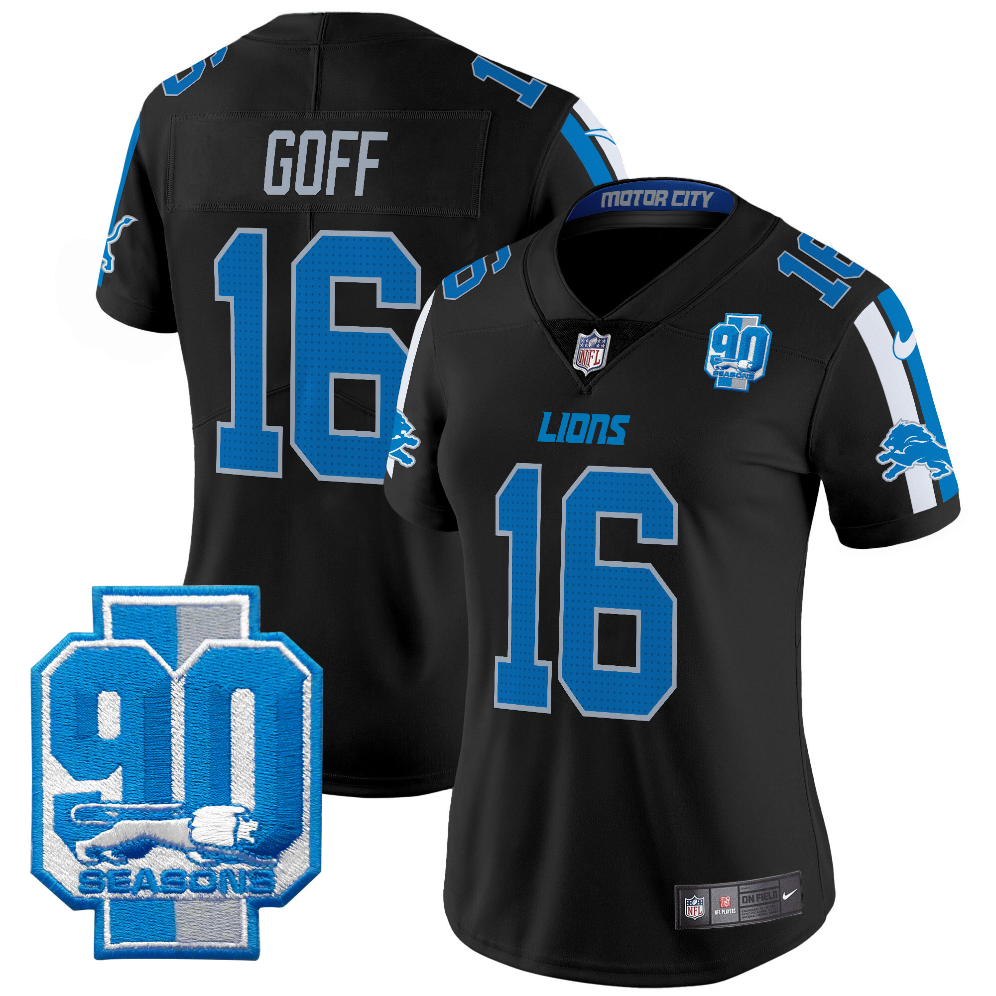 Women's Jared Goff Detroit Lions 90th Year Patch Vapor Limited Black Jersey - All Stitched