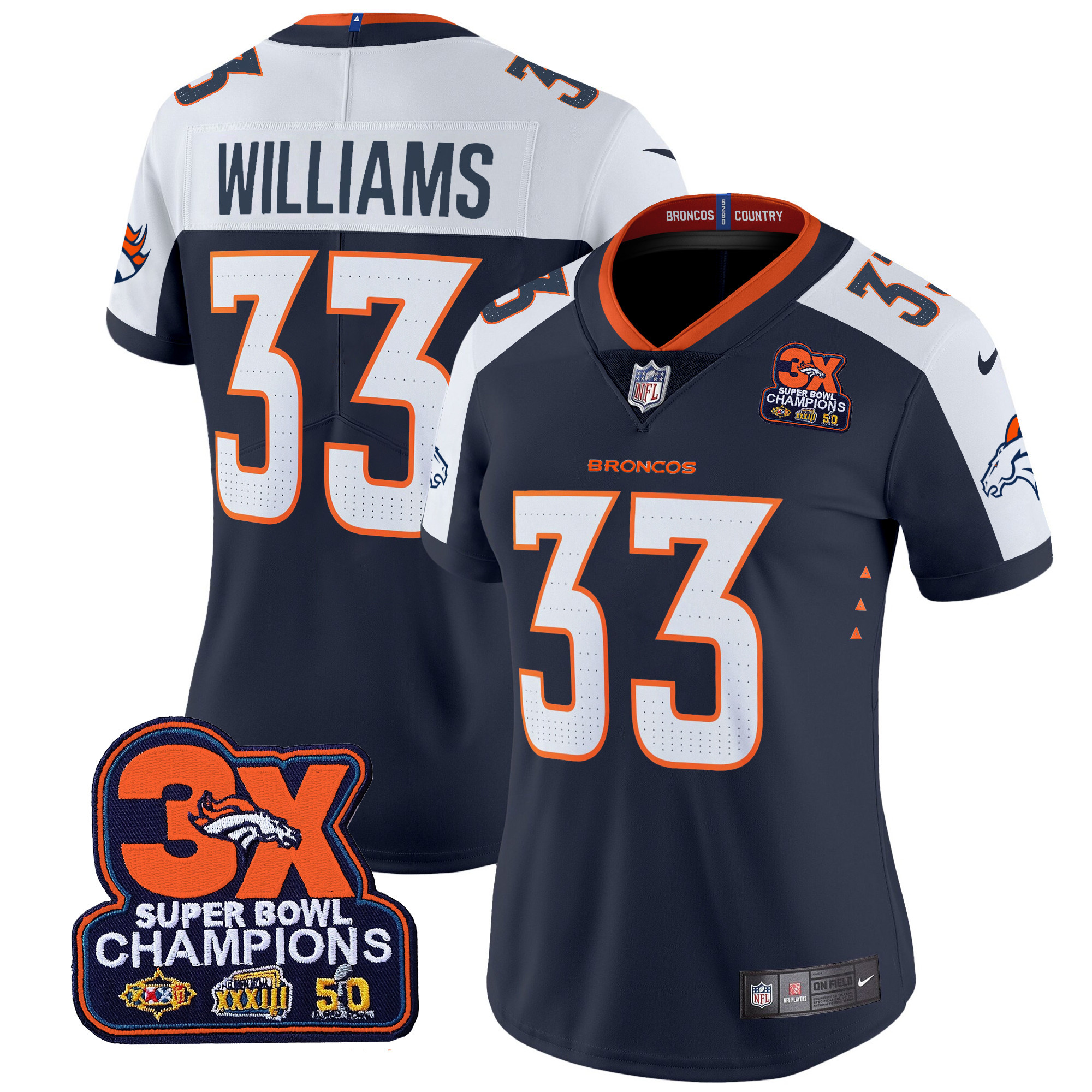 Women's Javonte Williams Denver Broncos 3-Time Champions Patch Vapor Limited Navy Alternate Jersey - All Stitched