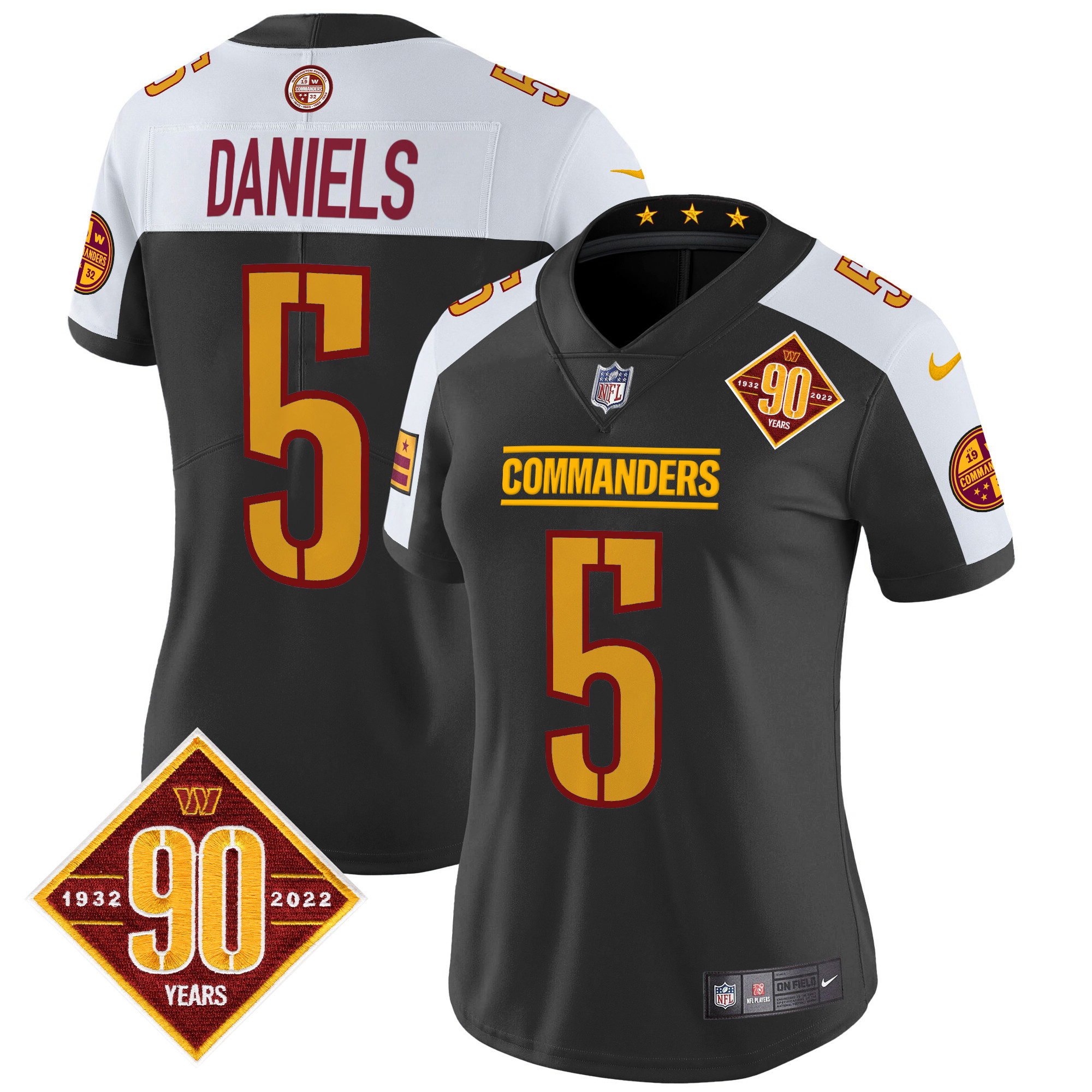 Women's Jayden Daniels Washington Commanders 90th Anniversary Patch Vapor Limited Black Alternate Jersey - All Stitched