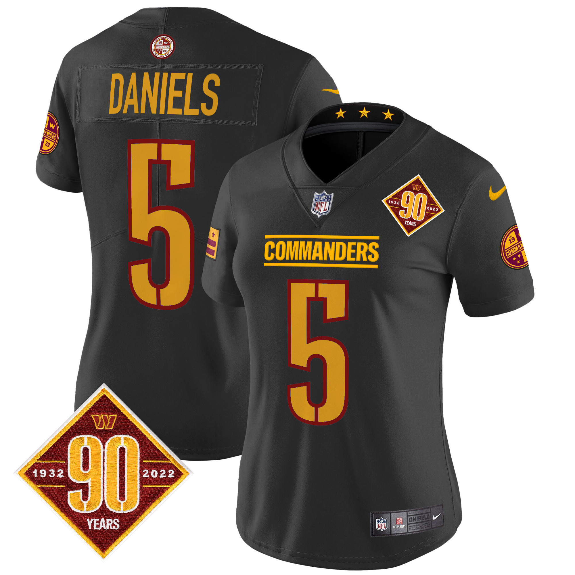 Women's Jayden Daniels Washington Commanders 90th Anniversary Patch Vapor Limited Black Jersey - All Stitched