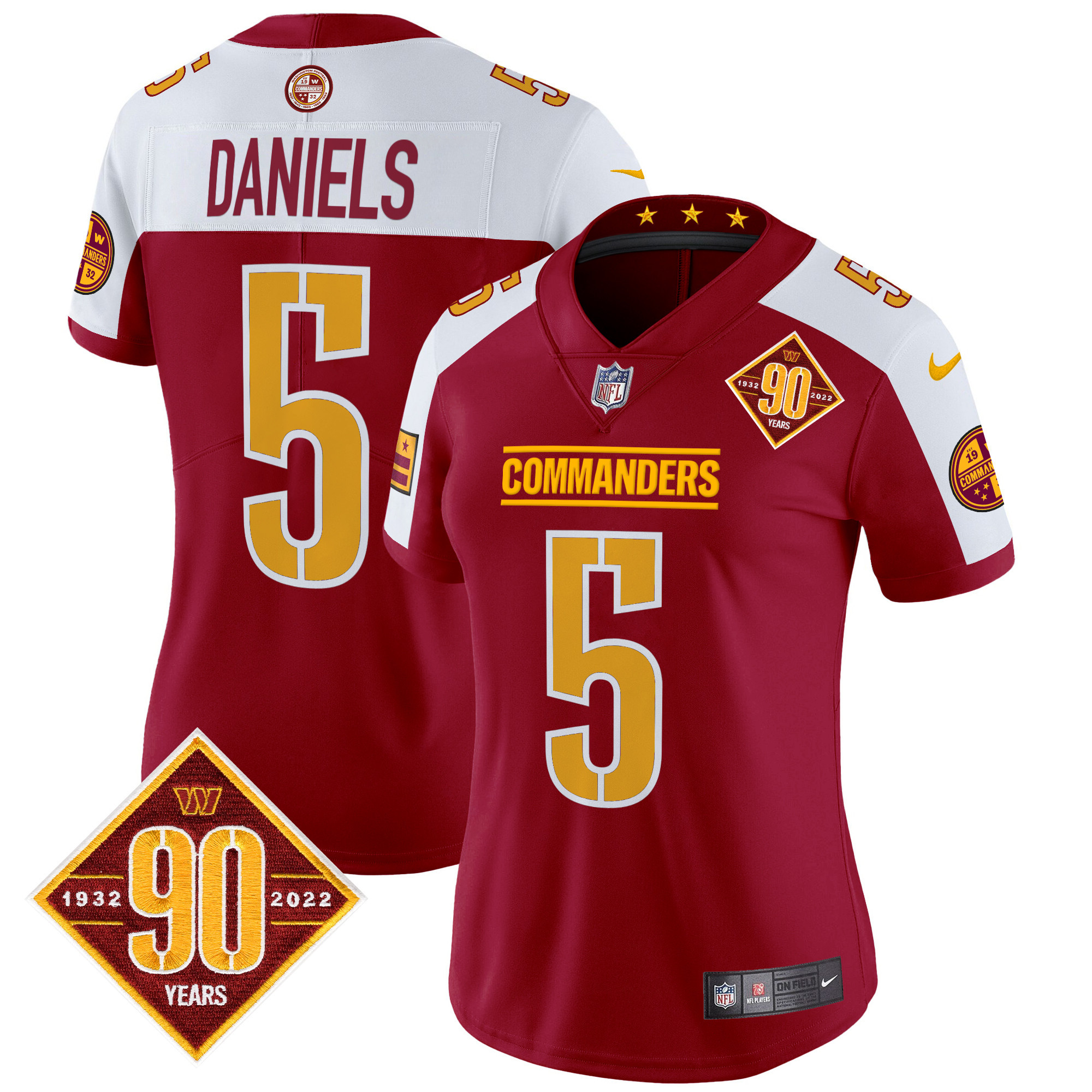 Women's Jayden Daniels Washington Commanders 90th Anniversary Patch Vapor Limited Burgundy Alternate Jersey - All Stitched