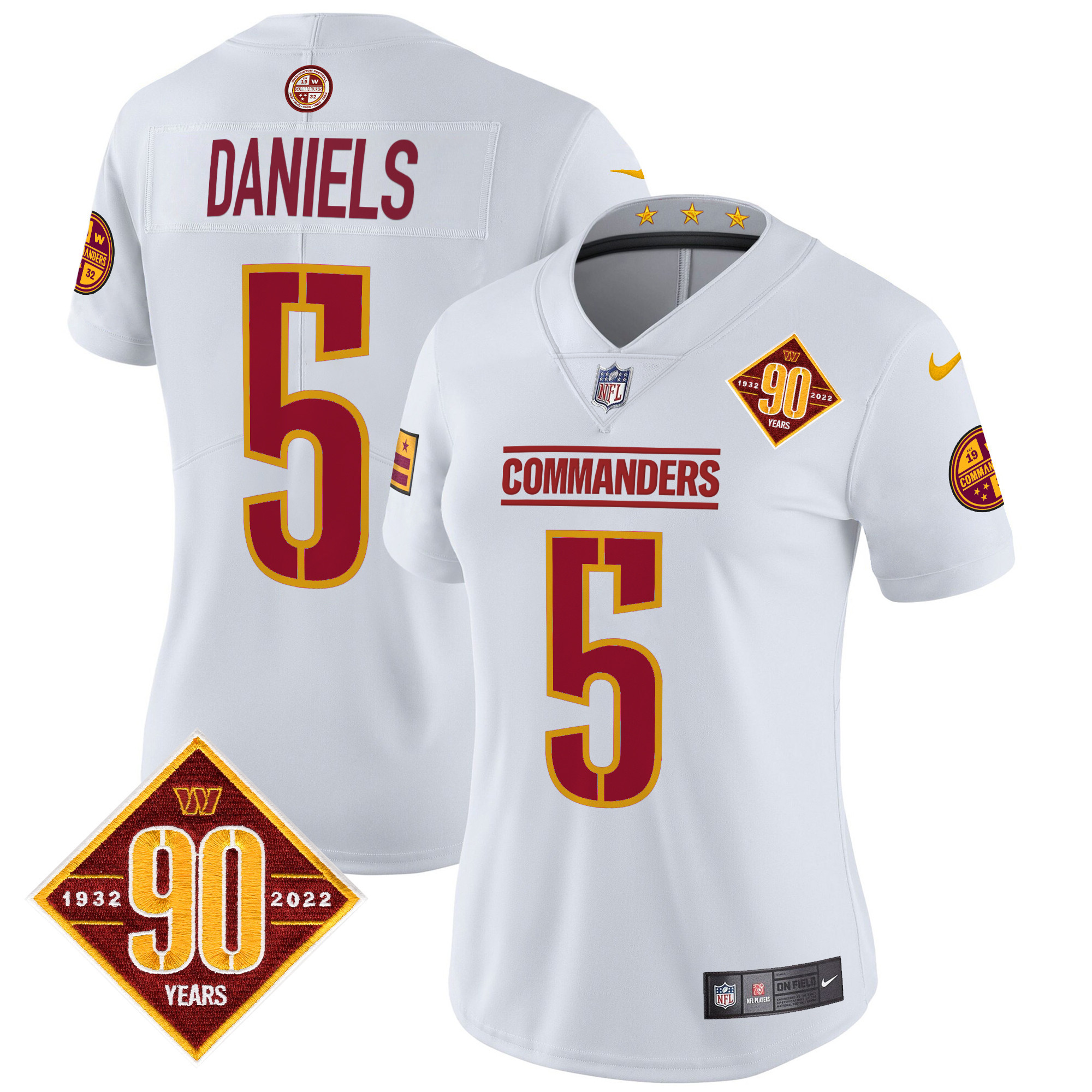 Women's Jayden Daniels Washington Commanders 90th Anniversary Patch Vapor Limited White Jersey - All Stitched