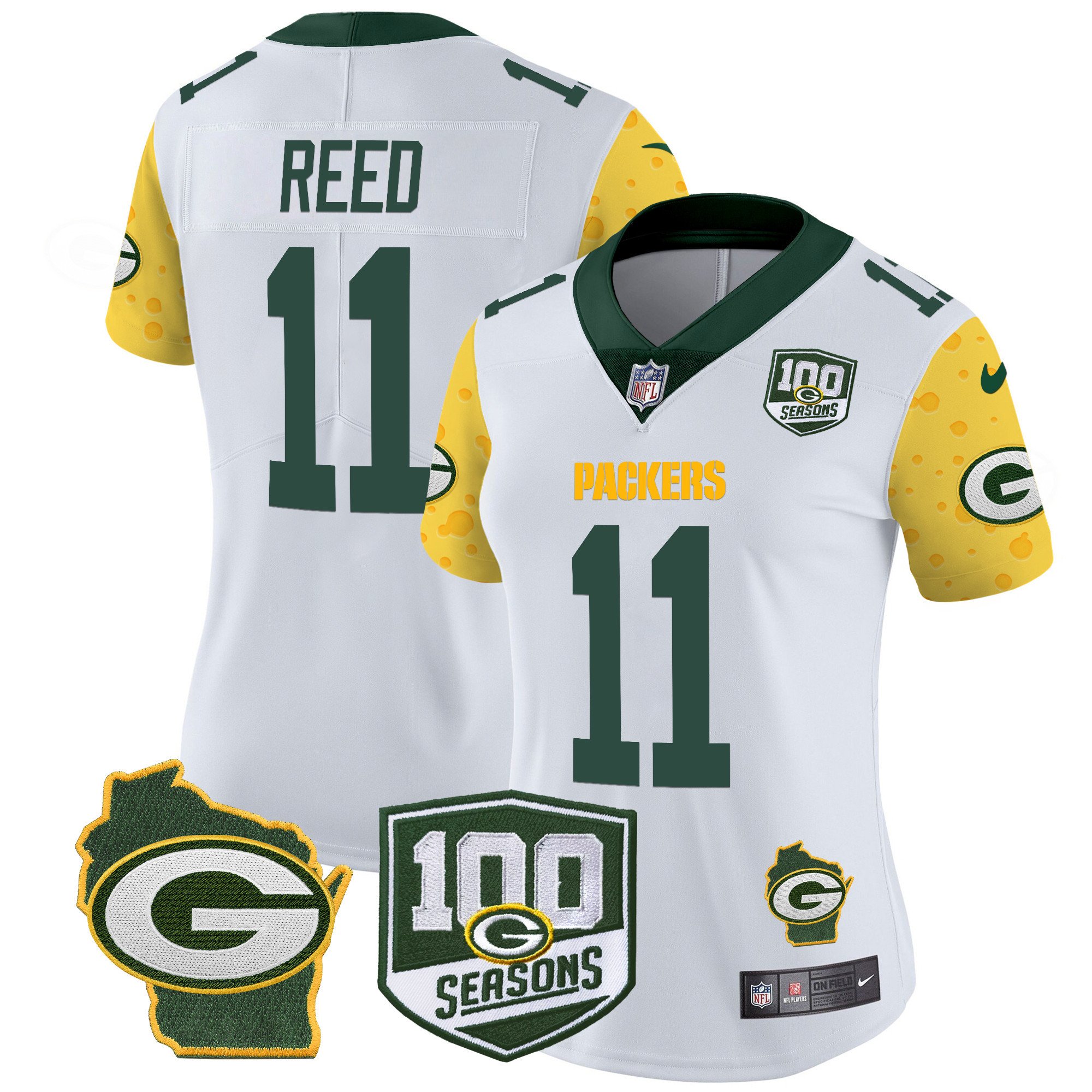 Women's Jayden Reed Green Bay Packers 100th Season & Home Patch Cheese Vapor Limited White Jersey â€“ All Stitched