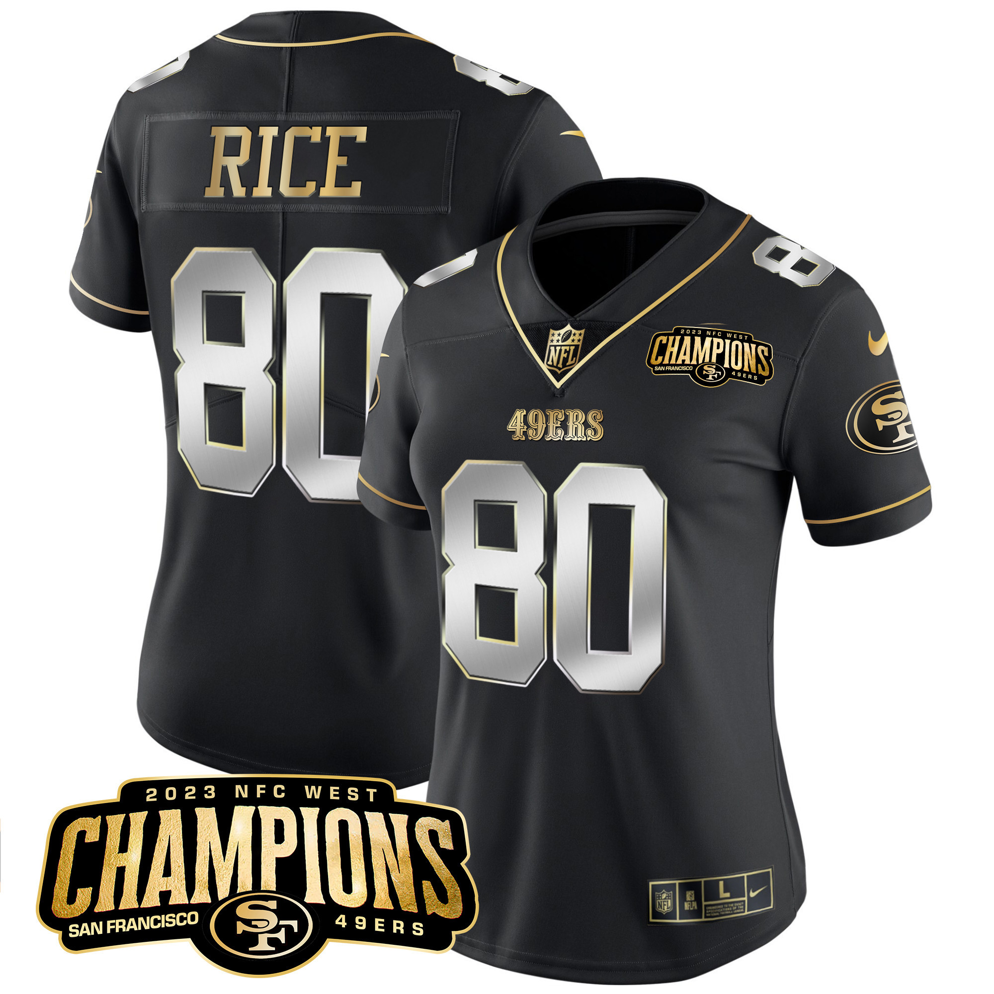 Women's Jerry Rice San Francisco 49ers 2023 NFC West Champions Patch Vapor Black Limited Jersey V2 - All Stitched