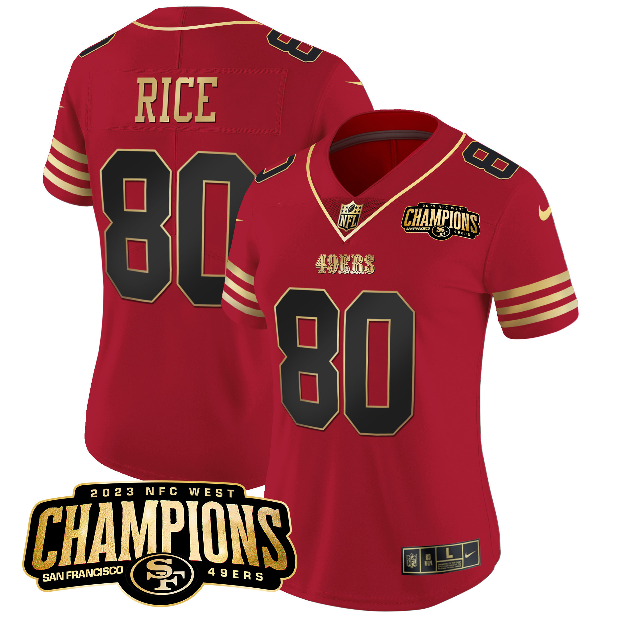 Women's Jerry Rice San Francisco 49ers 2023 NFC West Champions Patch Vapor Black Scarlet Jersey V2 - All Stitched