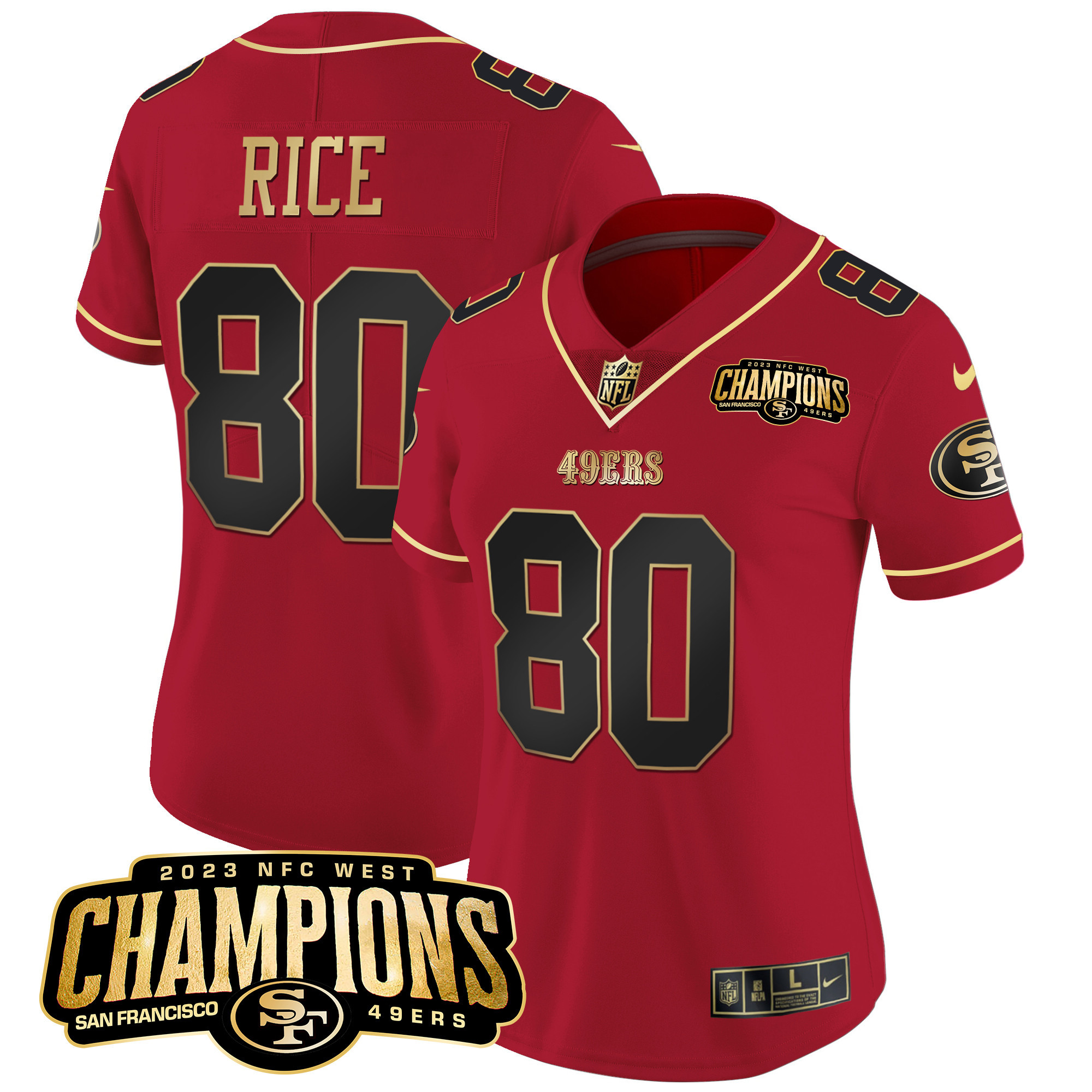 Women's Jerry Rice San Francisco 49ers 2023 NFC West Champions Patch Vapor Scarlet Limited Jersey V2 - All Stitched