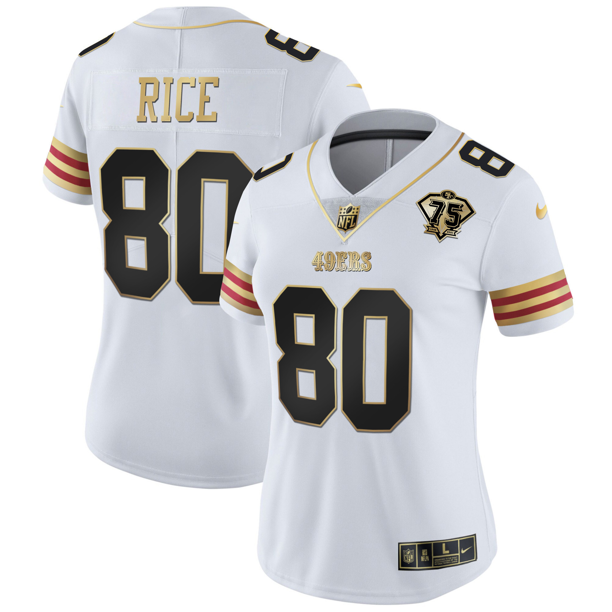 Women's Jerry Rice San Francisco 49ers 75th Anniversary Patch Vapor Gold White Gold Jersey V2 - All Stitched
