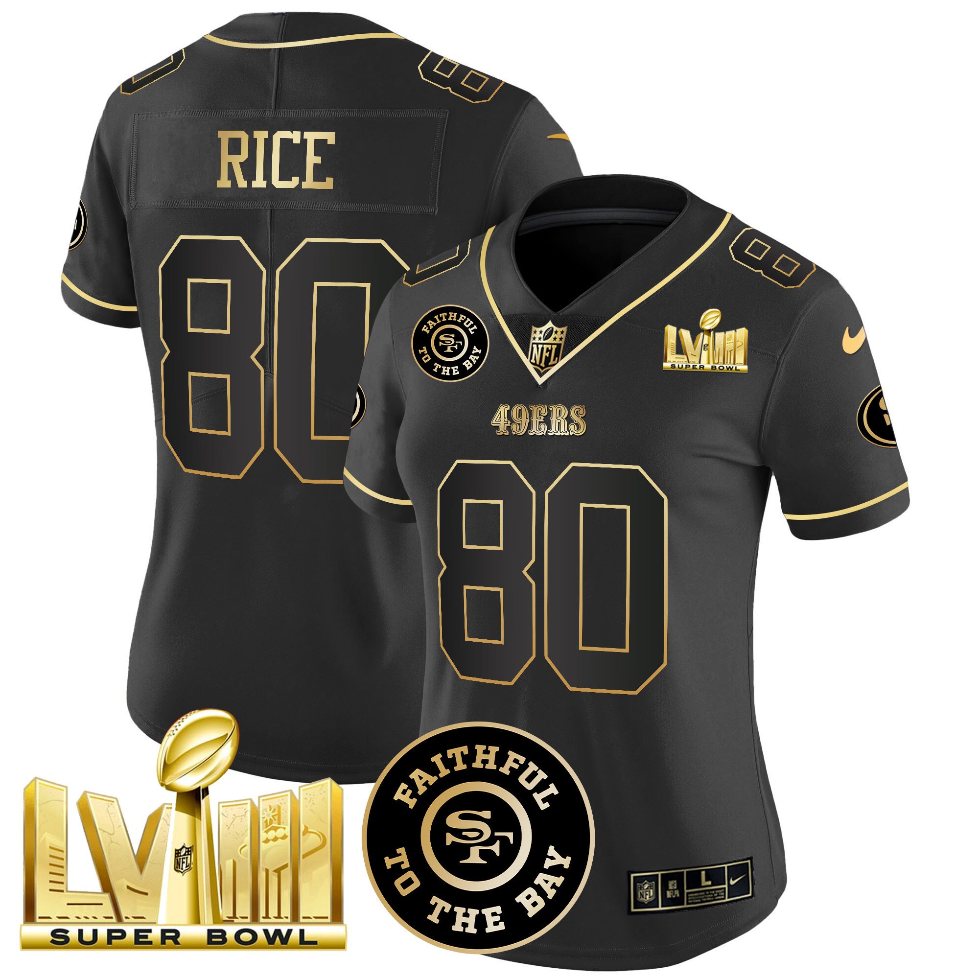Women's Jerry Rice San Francisco 49ers Faithful & Super Bowl LVIII Gold Patch Vapor Black Gold Jersey V2 - All Stitched