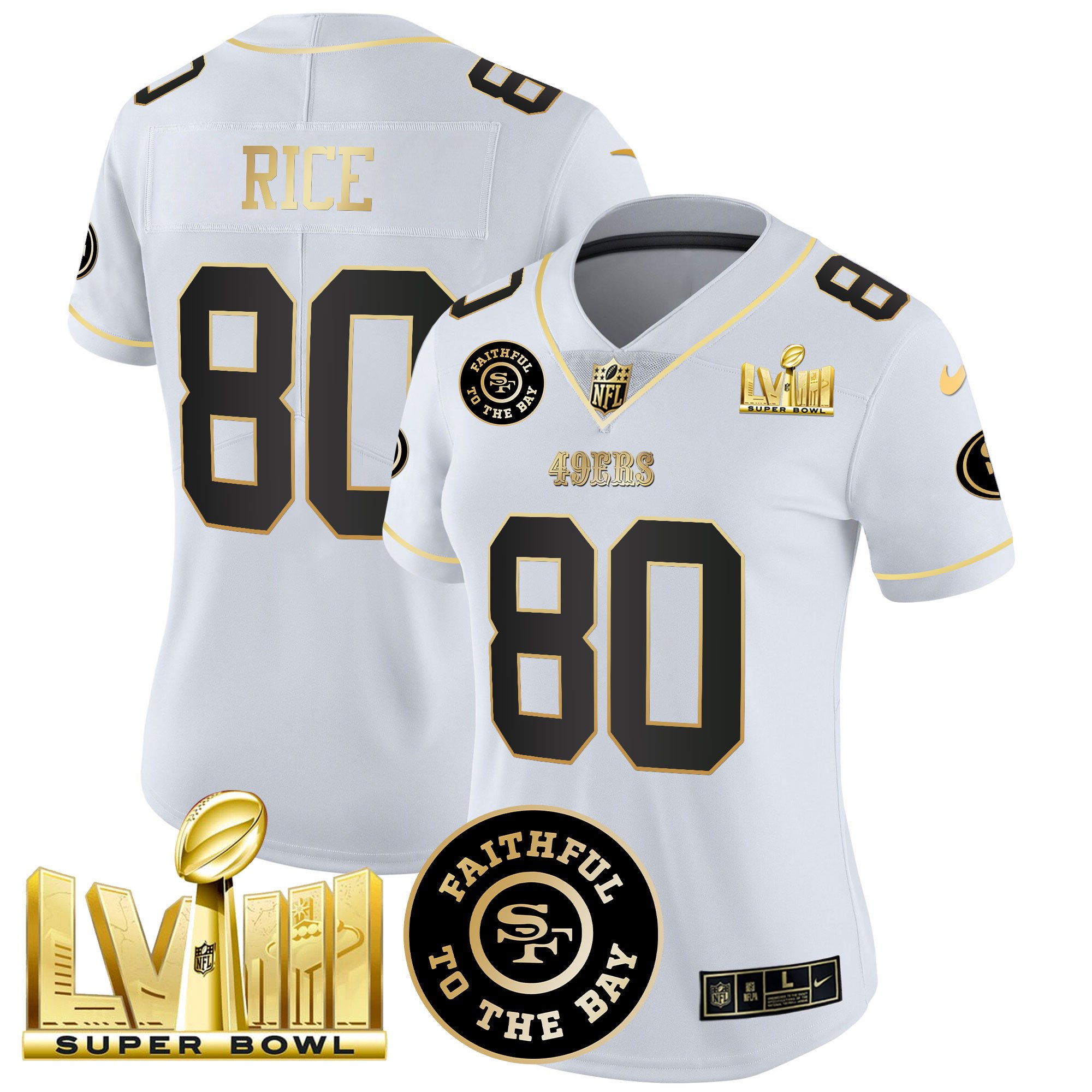 Women's Jerry Rice San Francisco 49ers Faithful & Super Bowl LVIII Gold Patch Vapor White Gold Jersey V2 - All Stitched