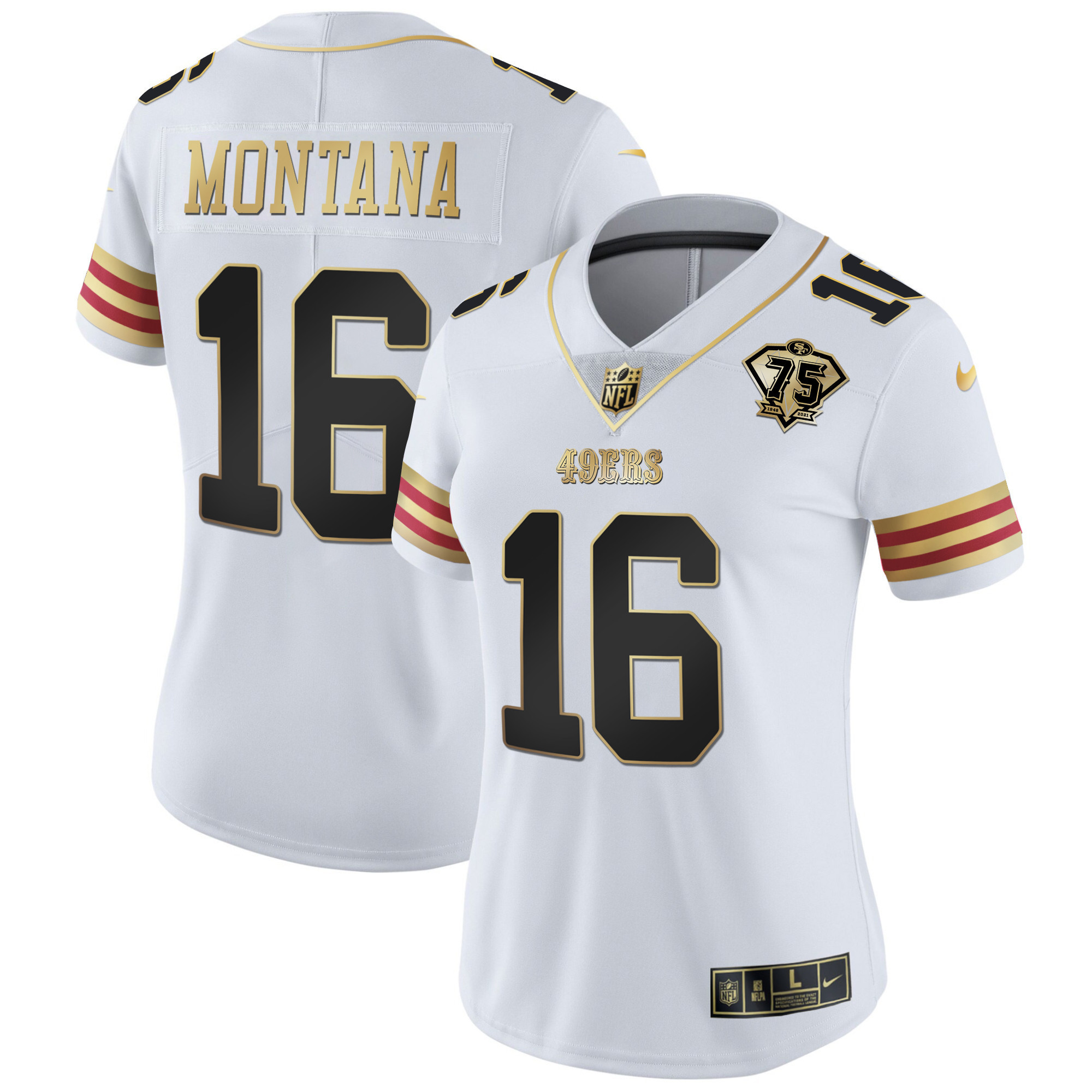Women's Joe Montana San Francisco 49ers 75th Anniversary Patch Vapor Gold White Gold Jersey V2 - All Stitched