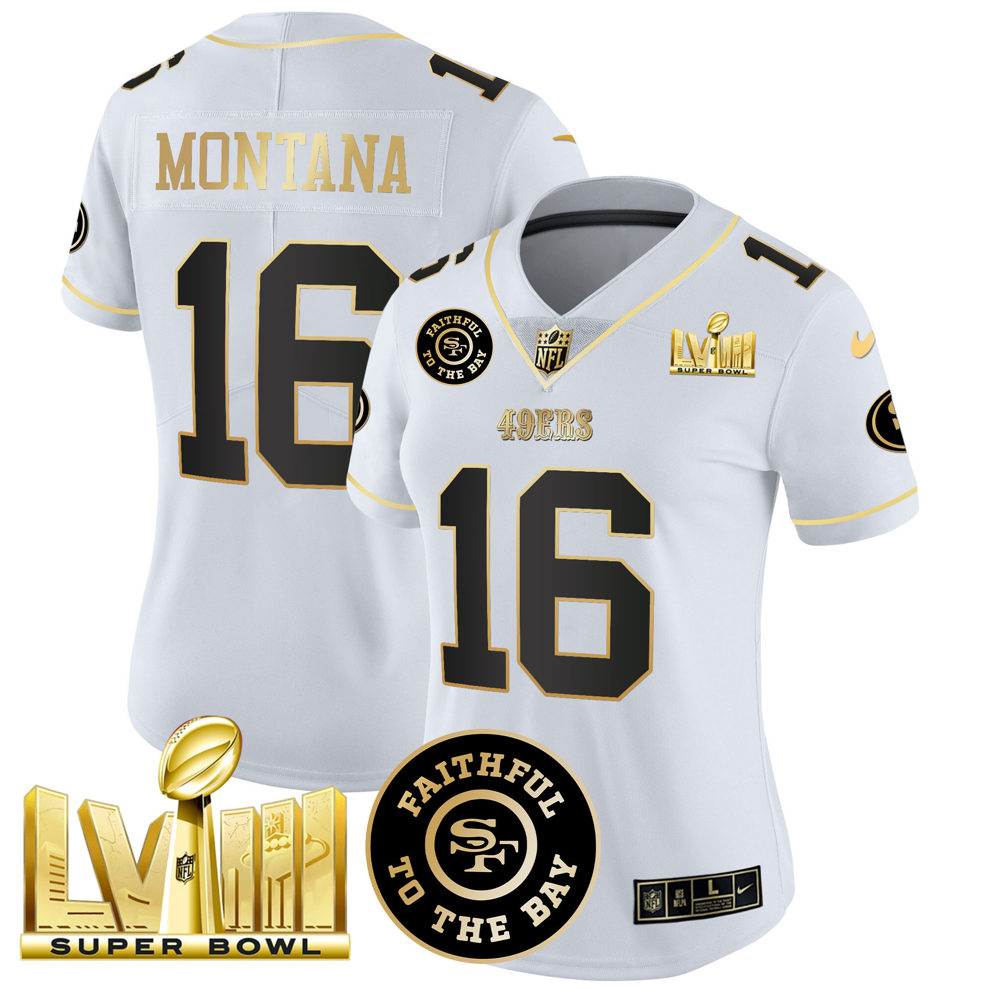 Women's Joe Montana San Francisco 49ers Faithful & Super Bowl LVIII Gold Patch Vapor White Gold Jersey V2 - All Stitched