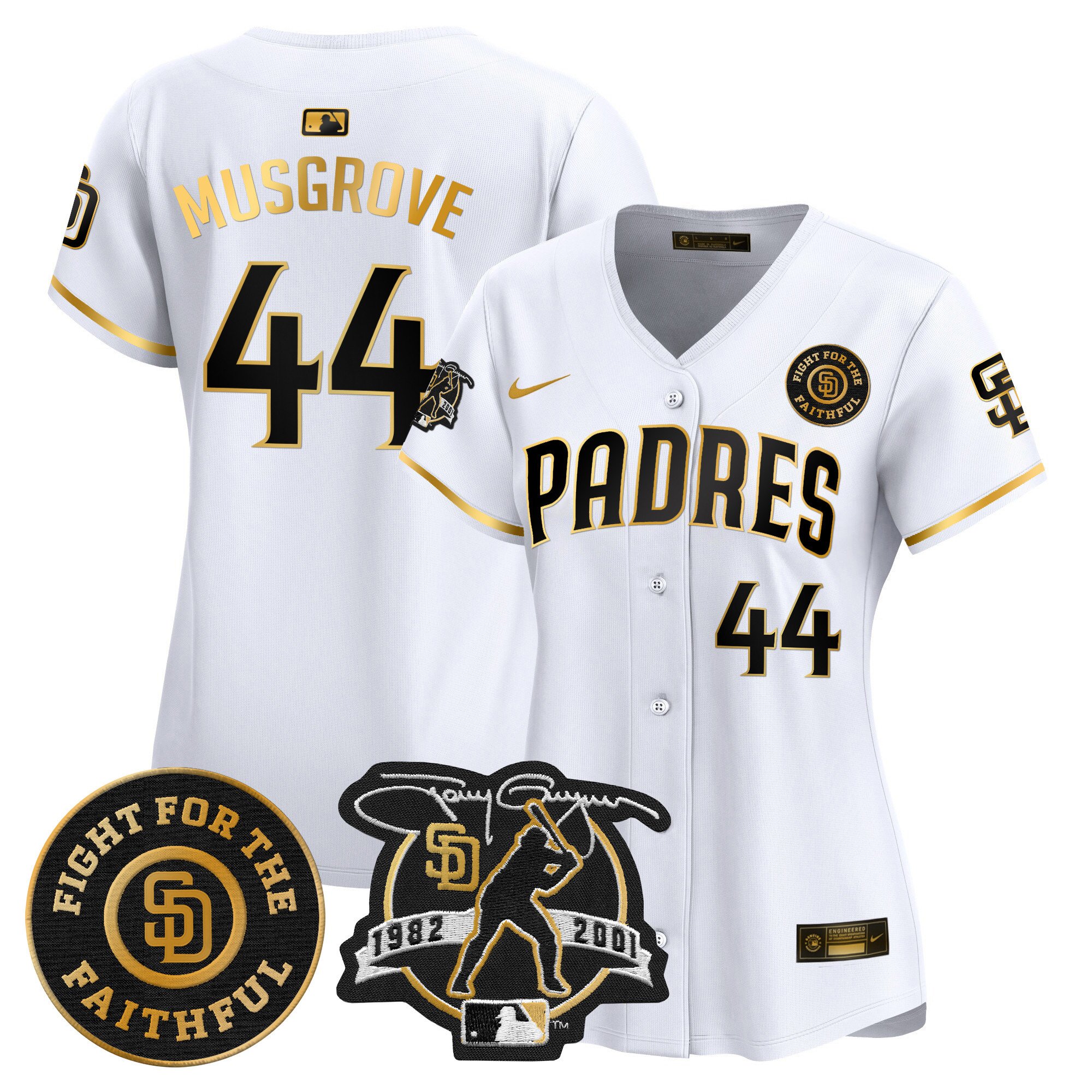 Women's Joe Musgrove San Diego Padres Tony Gwynn & Faithful Patch Vapor Premier Limited White Gold Jersey Ã± All Stitched