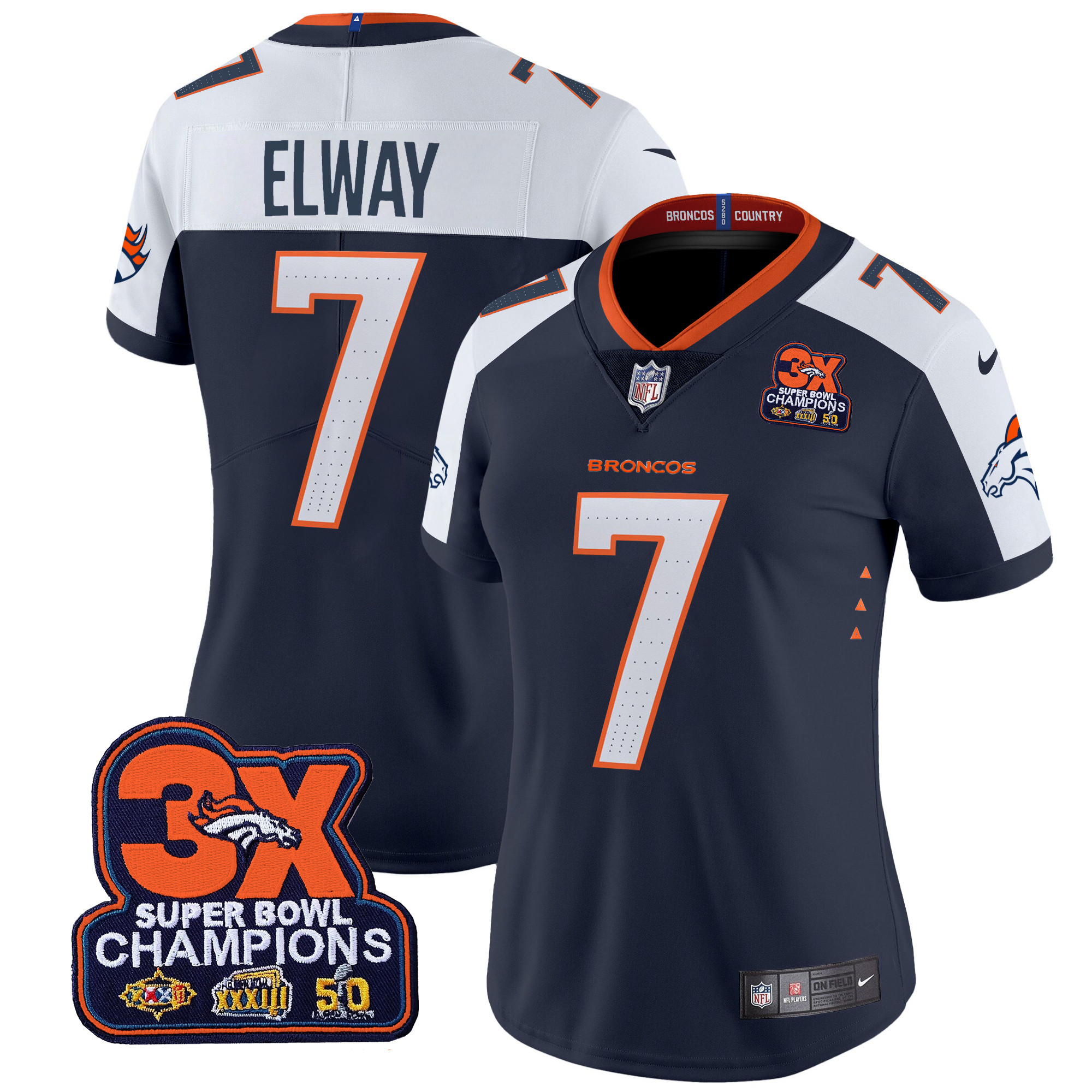 Women's John Elway Denver Broncos 3-Time Champions Patch Vapor Limited Navy Alternate Jersey - All Stitched