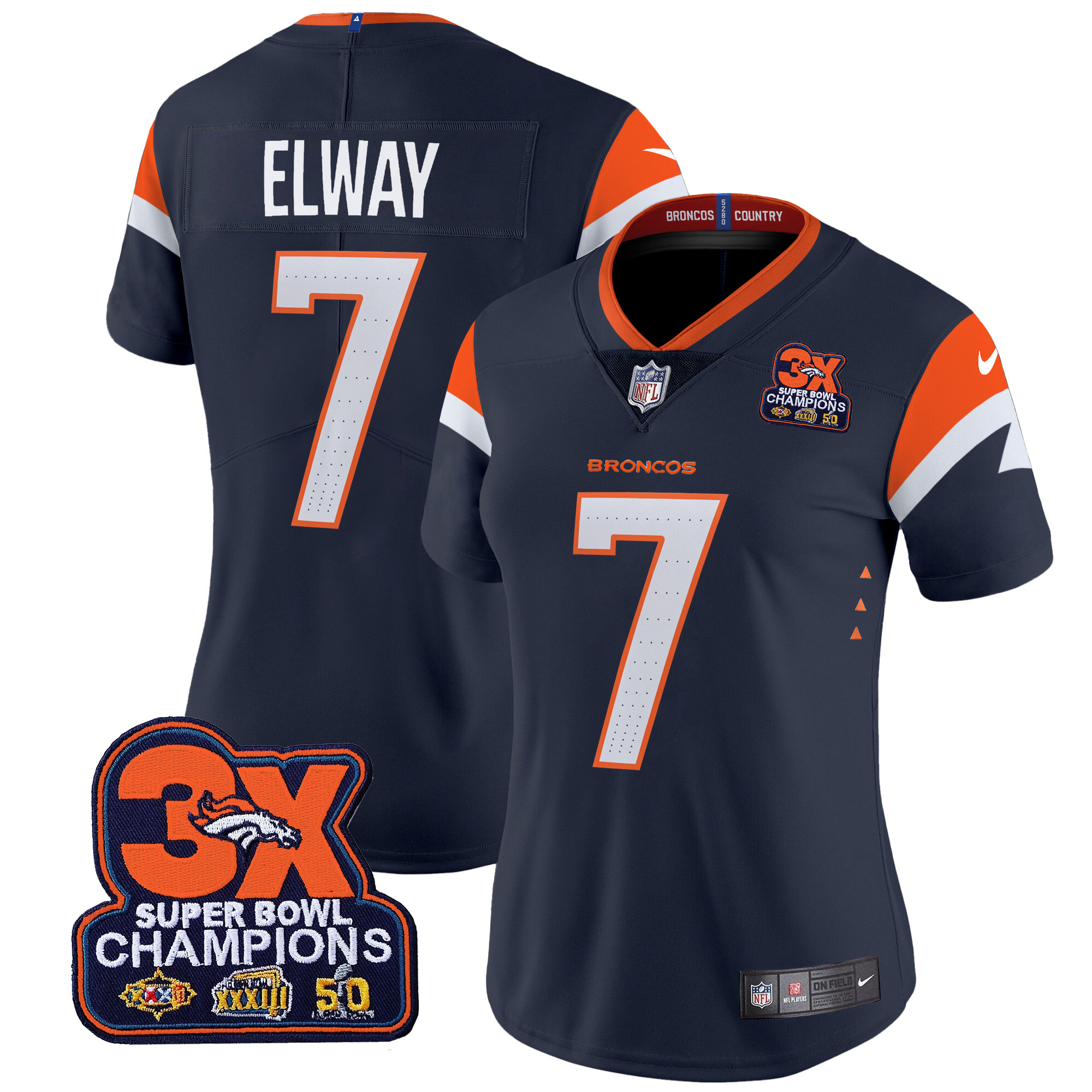 Women's John Elway Denver Broncos 3-Time Champions Patch Vapor Limited Navy Jersey - All Stitched