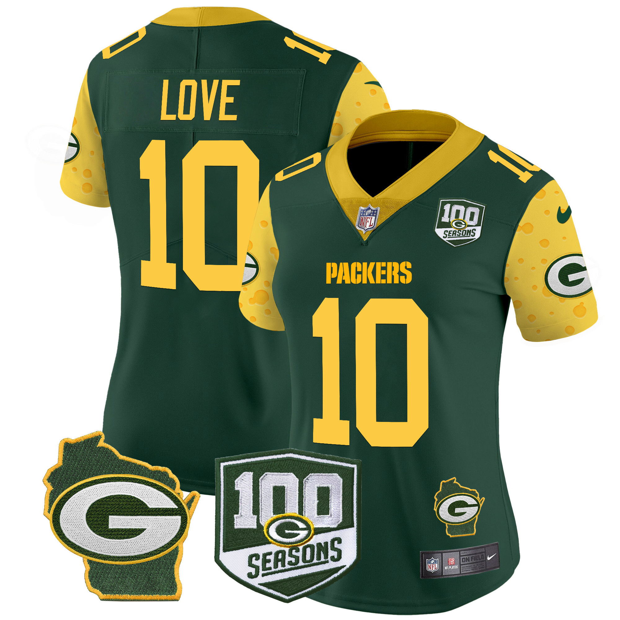 Women's Jordan Love Green Bay Packers 100th Season & Home Patch Cheese Vapor Limited Green Jersey â€“ All Stitched