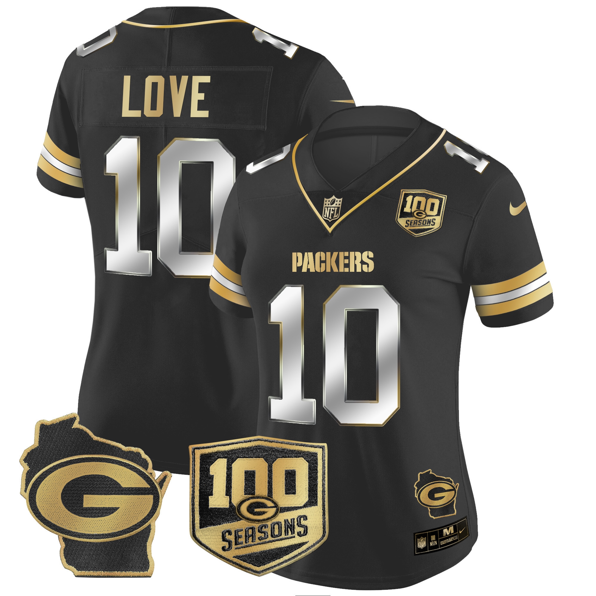 Women's Jordan Love Green Bay Packers 100th Season & Home Patch Gold Vapor Limited Black Limited Jersey â€“ All Stitched