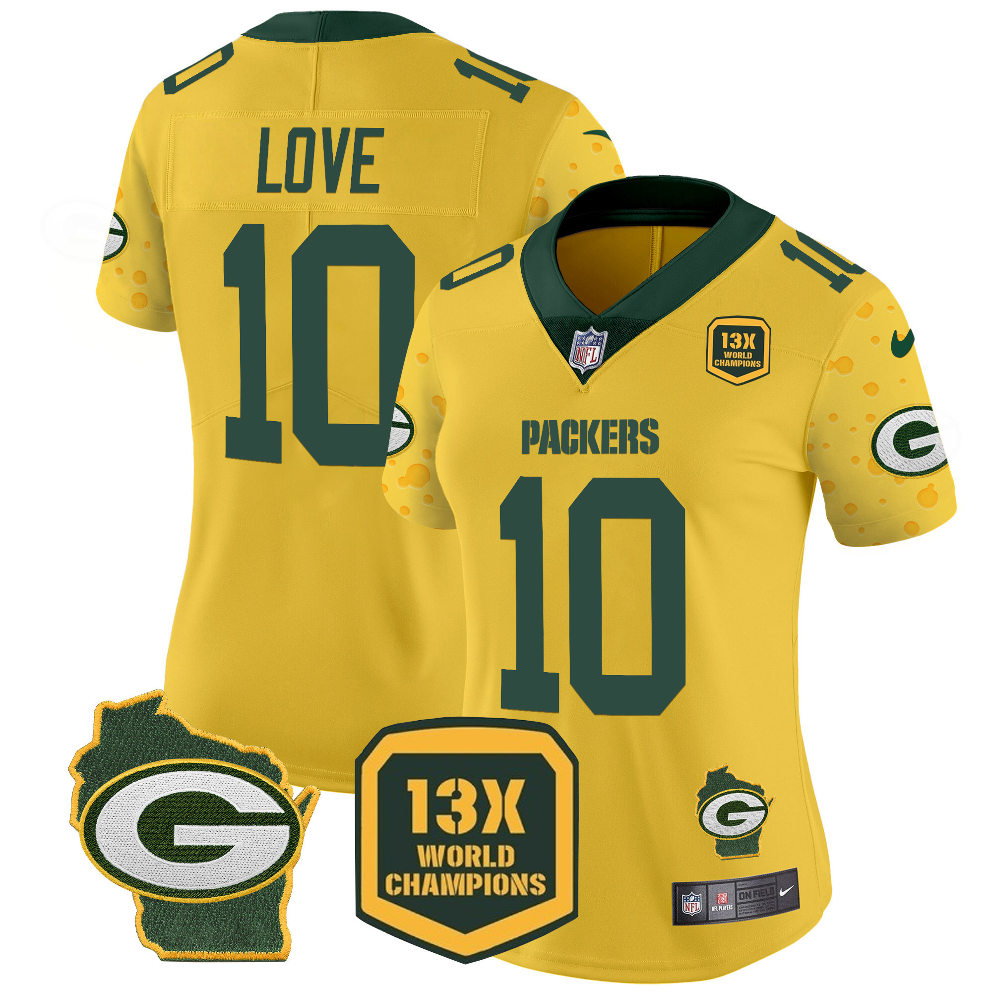 Women's Jordan Love Green Bay Packers Cheese Vapor Limited Gold Jersey â€“ All Stitched