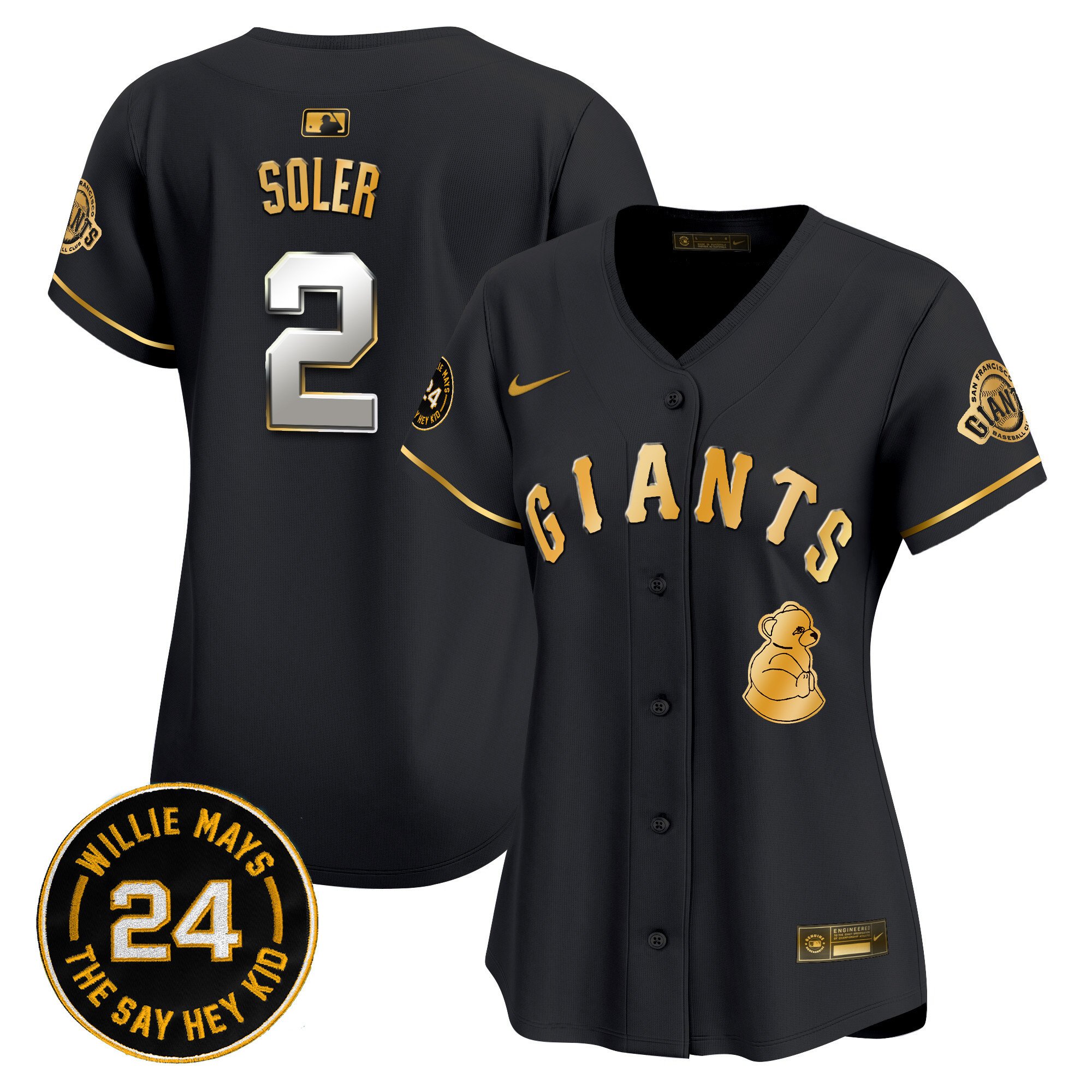 Women's Jorge Soler San Francisco Giants 2024 Willie Mays Patch Vapor Premier Limited Black Gold Jersey V4 - All Stitched