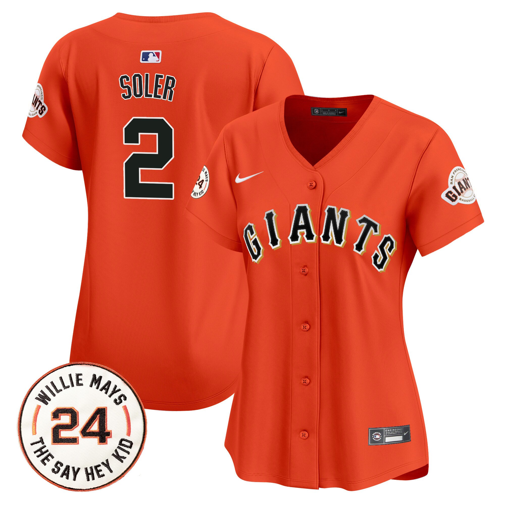 Women's Jorge Soler San Francisco Giants 2024 Willie Mays Patch Vapor Premier Limited Orange Jersey - All Stitched