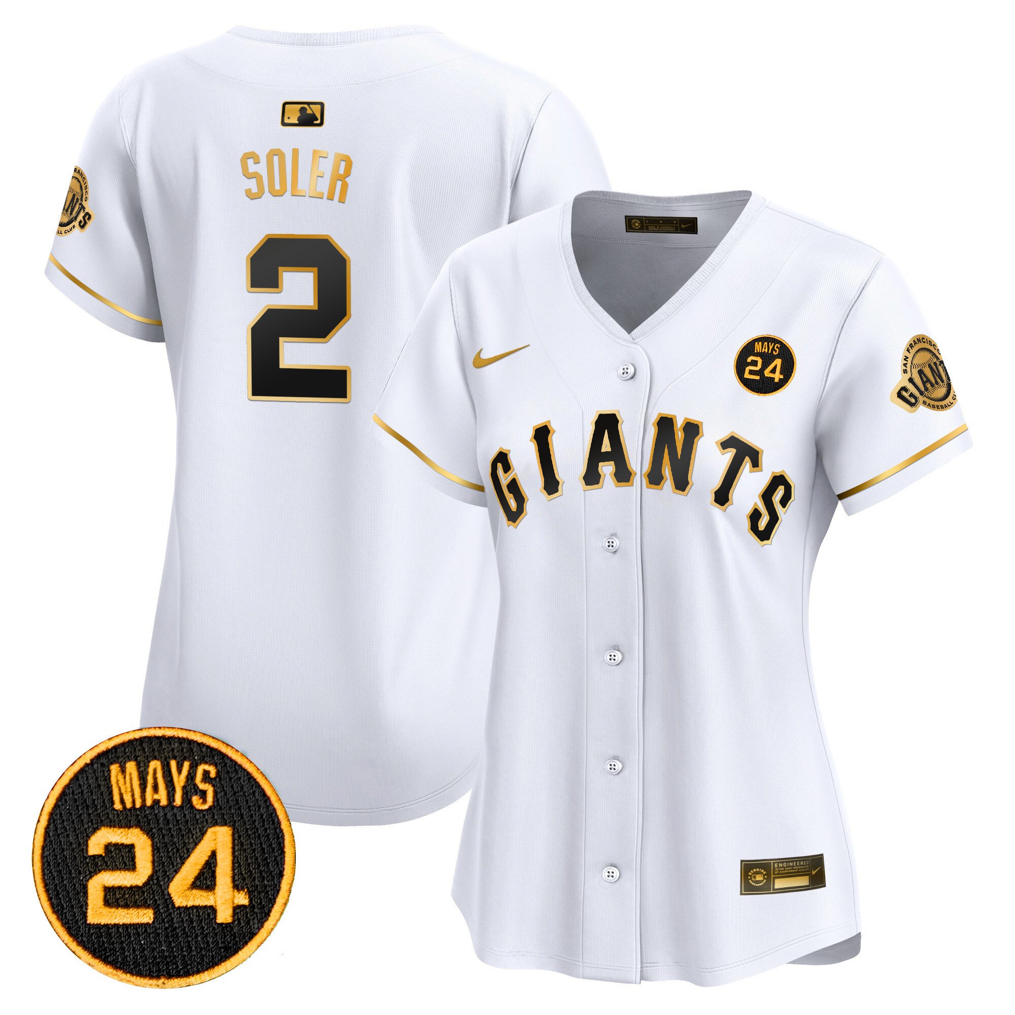 Women's Jorge Soler San Francisco Giants 2024 Willie Mays Patch Vapor Premier Limited White Gold Jersey V3 - All Stitched