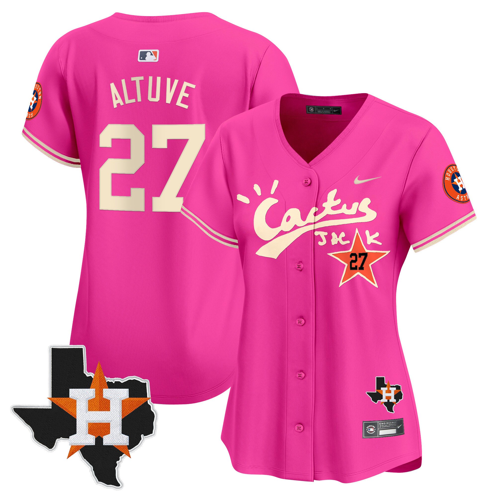 Women's JosÃˆ Altuve Houston Astros Cactus Jack Patch Vapor Premier Limited Pink Jersey V11 - Stitched