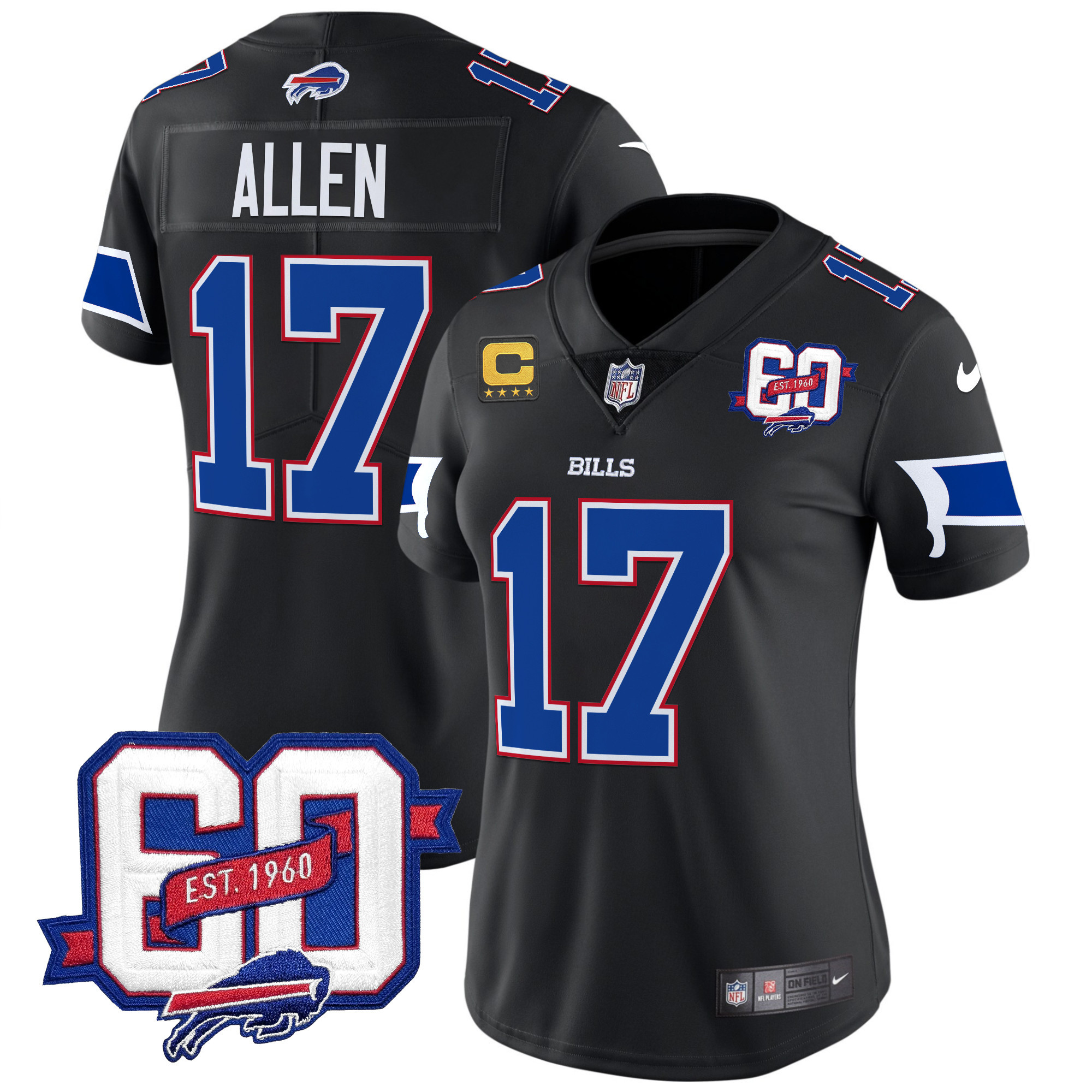 Women's Josh Allen Buffalo Bills 60th Anniversary Patch Vapor Limited Black Jersey - All Stitched