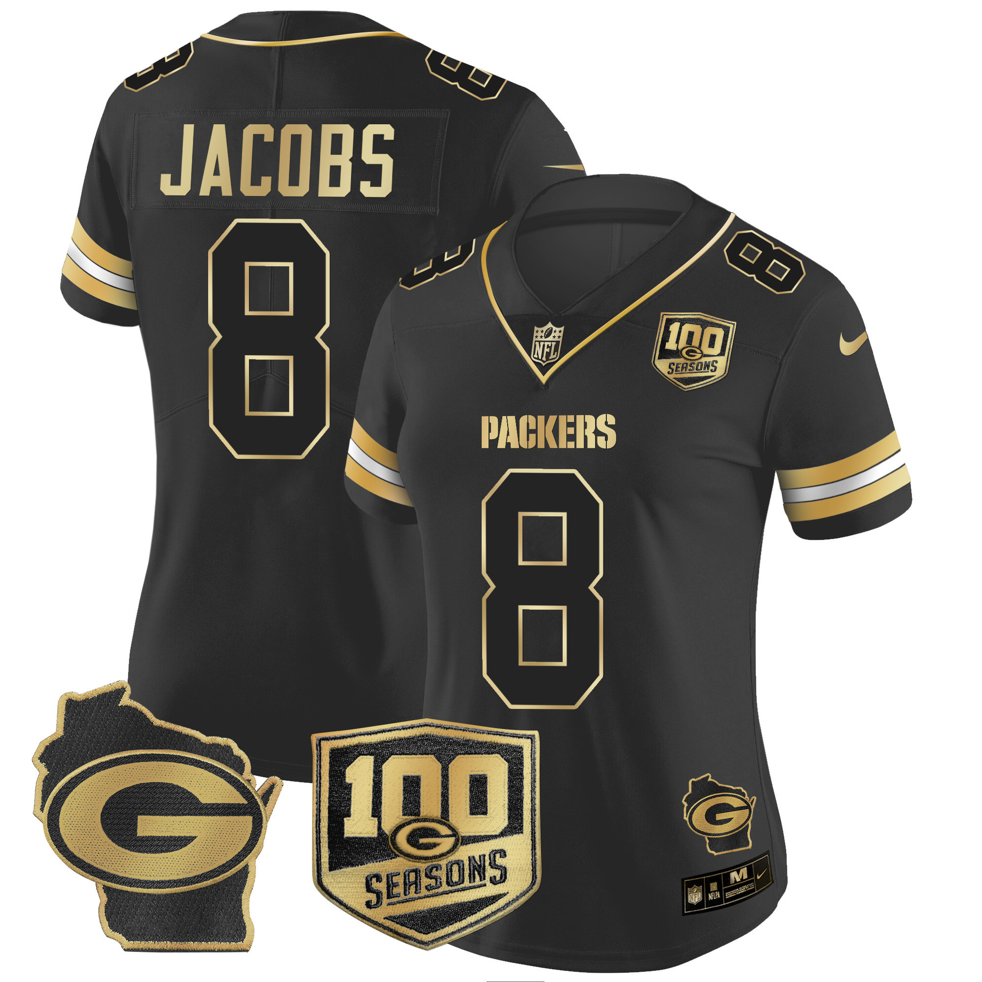 Women's Josh Jacobs Green Bay Packers 100th Season & Home Patch Gold Vapor Limited Black Gold Jersey â€“ All Stitched