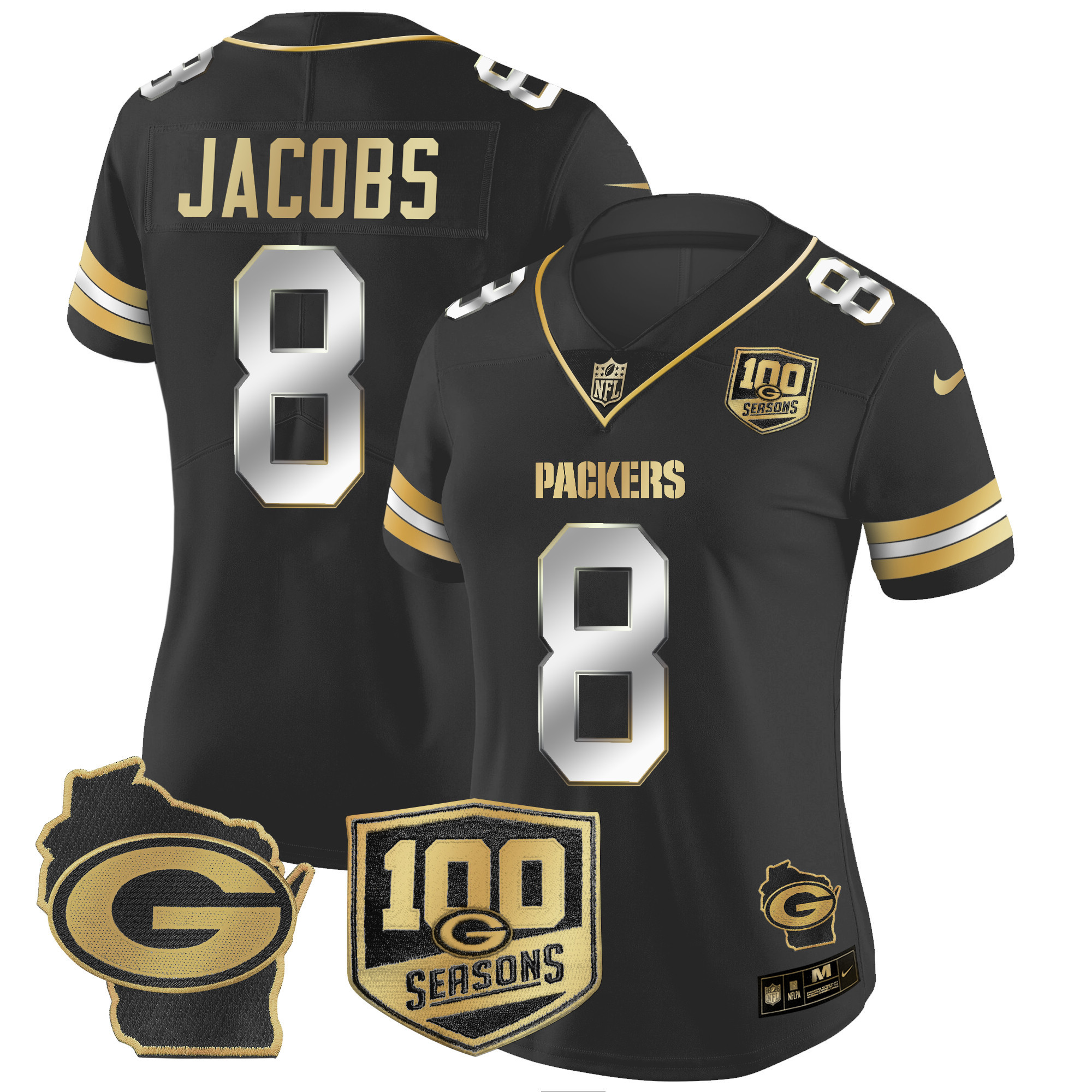 Women's Josh Jacobs Green Bay Packers 100th Season & Home Patch Gold Vapor Limited Black Limited Jersey â€“ All Stitched